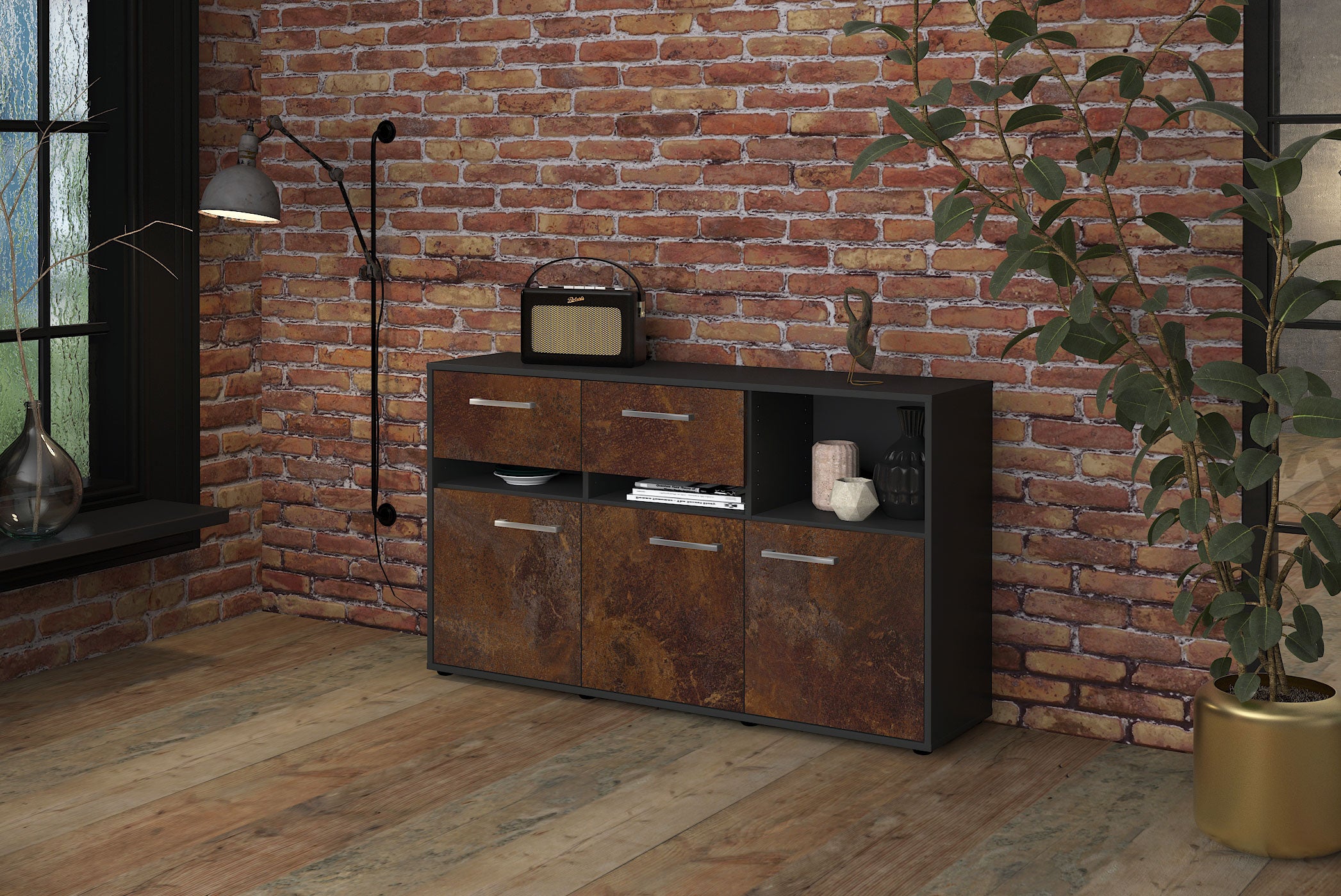 Sideboard - Dorotea - Design Industrie Stil - Freistehend mit Griffe 136 cm Anthrazit