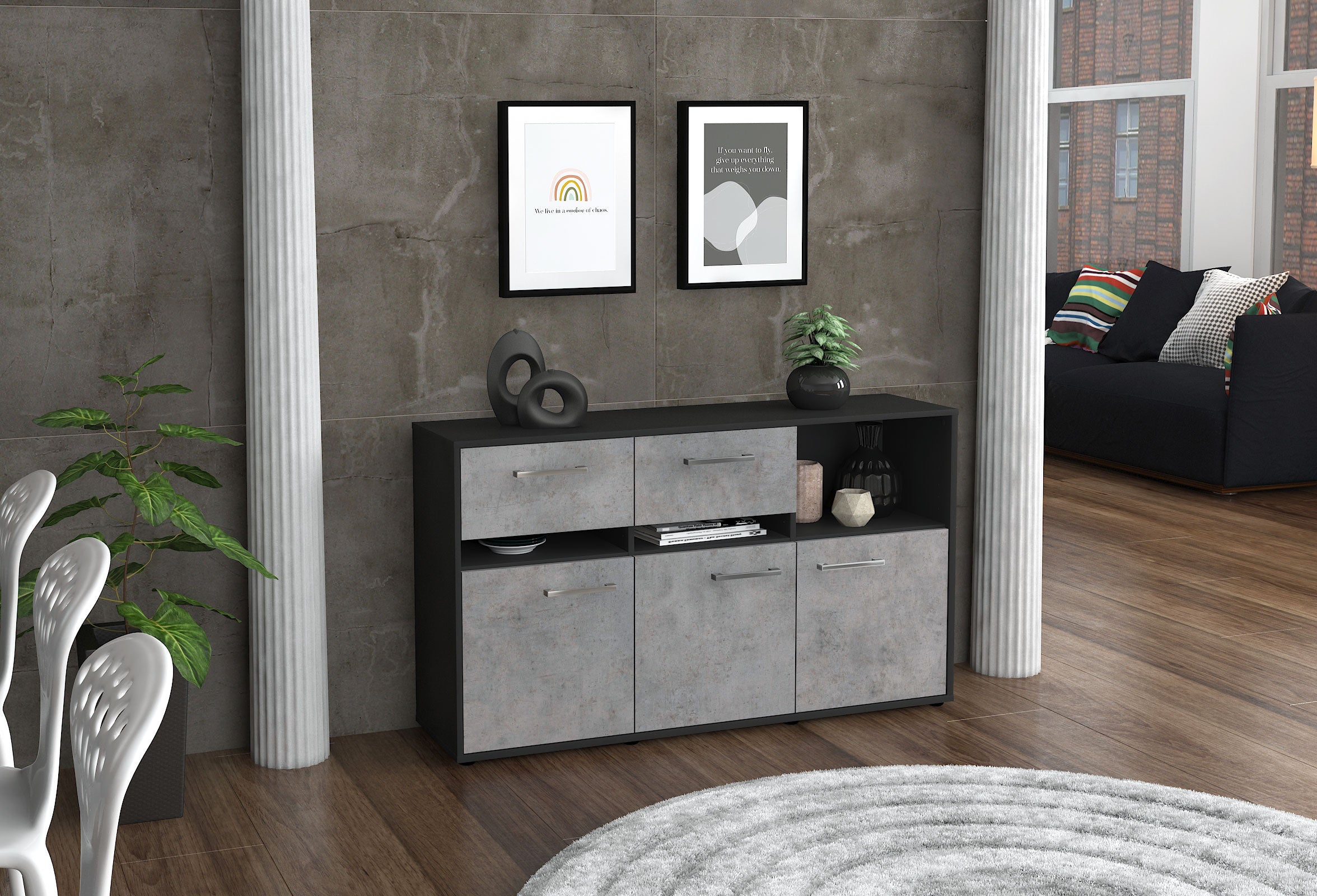 Sideboard - Dorotea - Design Industrie Stil - Freistehend mit Griffe 136 cm Anthrazit