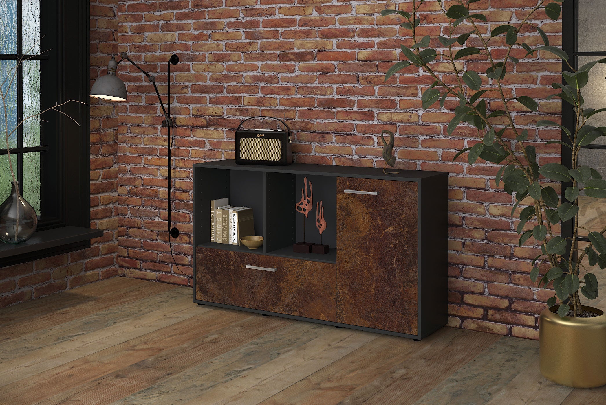 Sideboard - Ela - Design Industrie Stil - Freistehend mit Griffe 136 cm Anthrazit