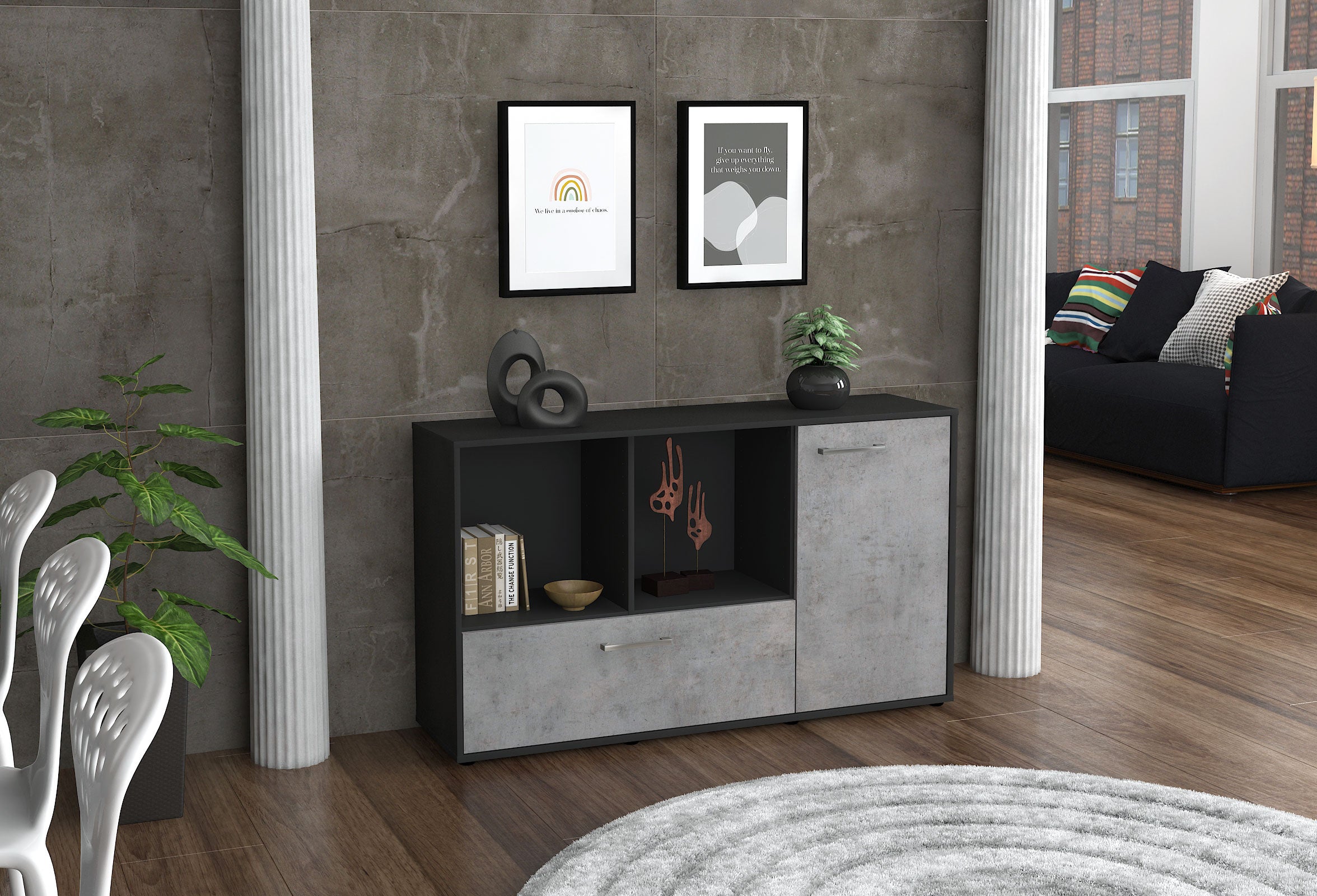 Sideboard - Ela - Design Industrie Stil - Freistehend mit Griffe 136 cm Anthrazit