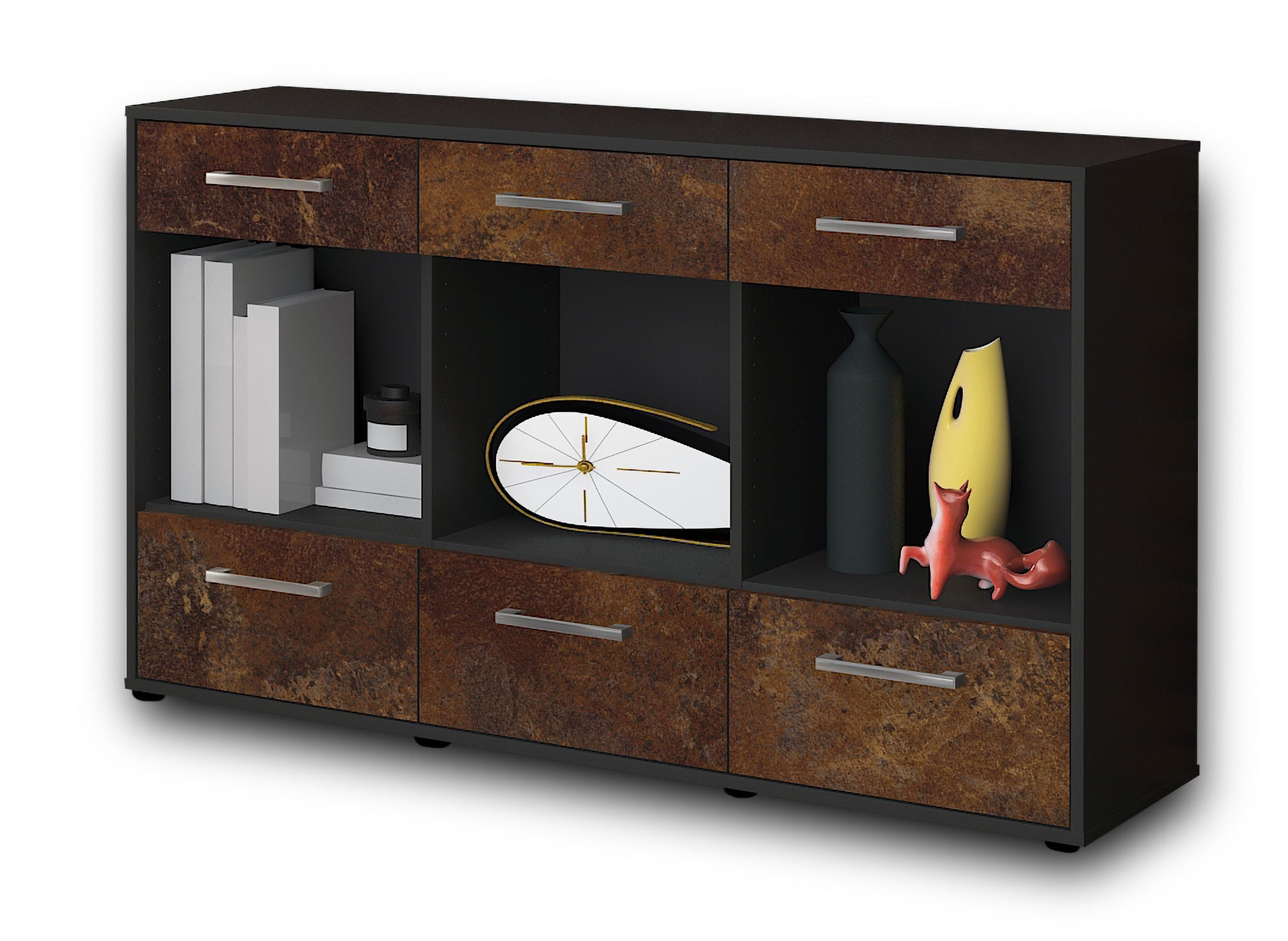 Sideboard - Efisia - Design Industrie Stil - Freistehend mit Griffe 136 cm Anthrazit