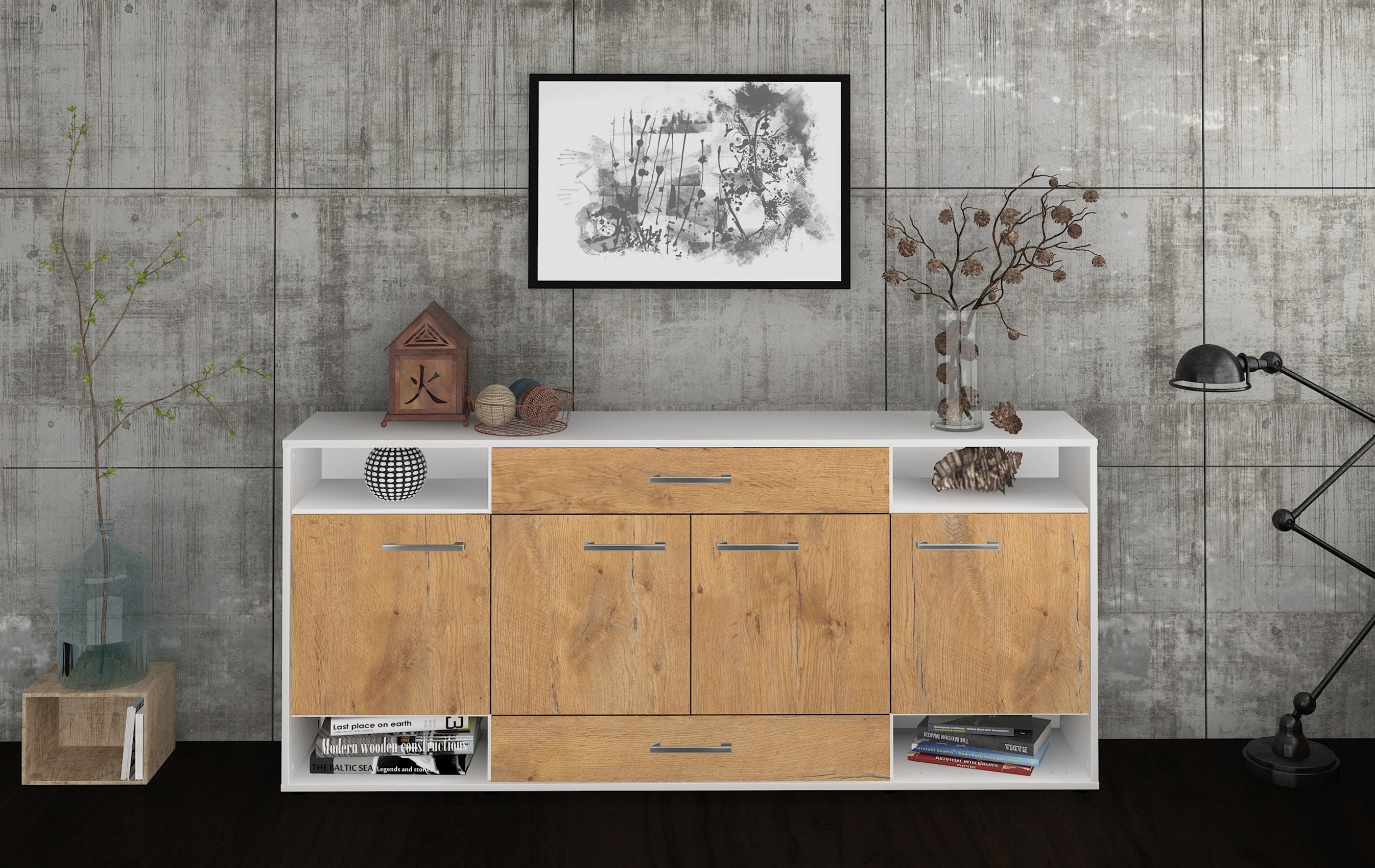 Sideboard - Felicia - Design Holzdekor - Freistehend mit Griffe 180 cm Weiss