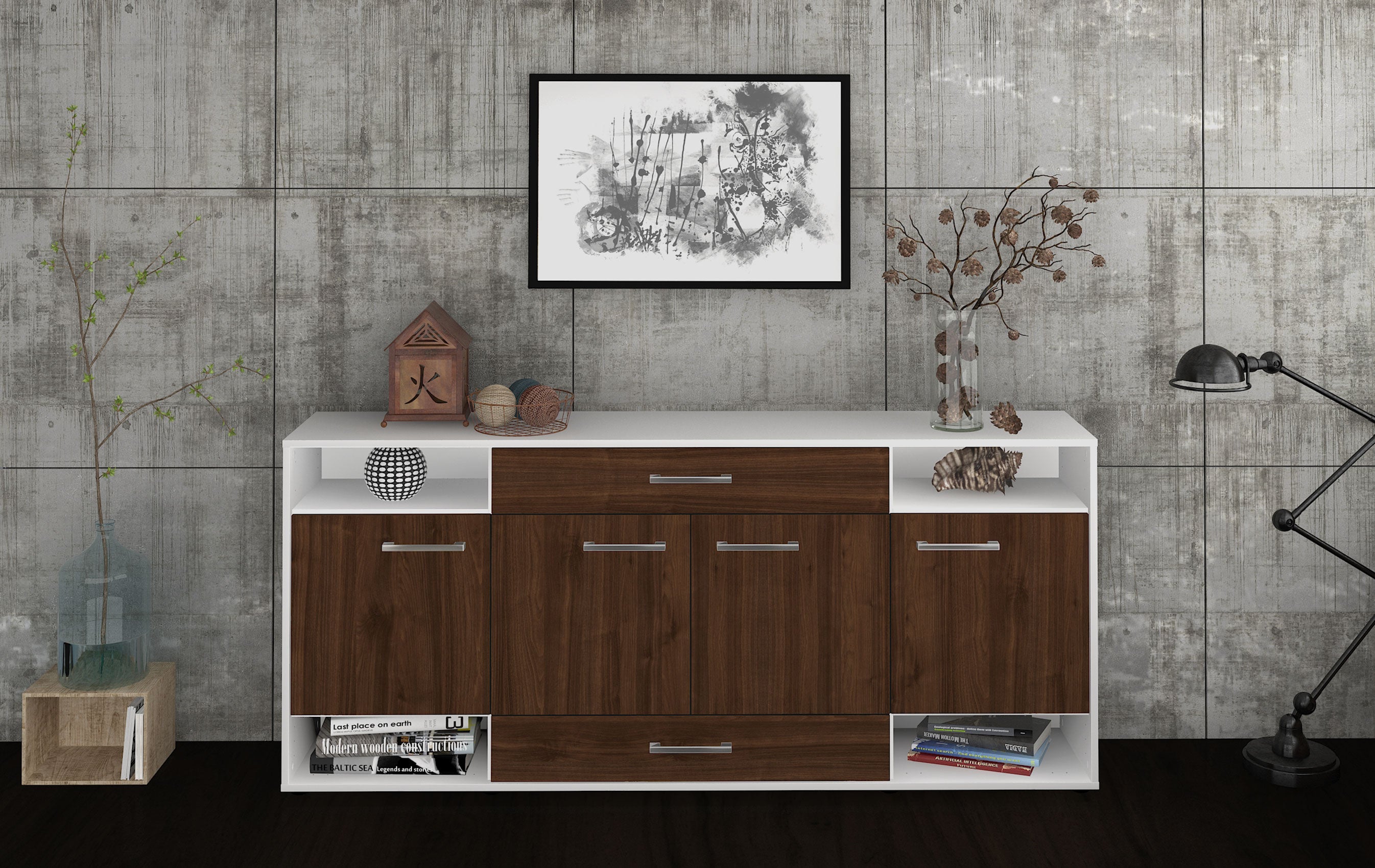 Sideboard - Felicia - Design Holzdekor - Freistehend mit Griffe 180 cm Weiss