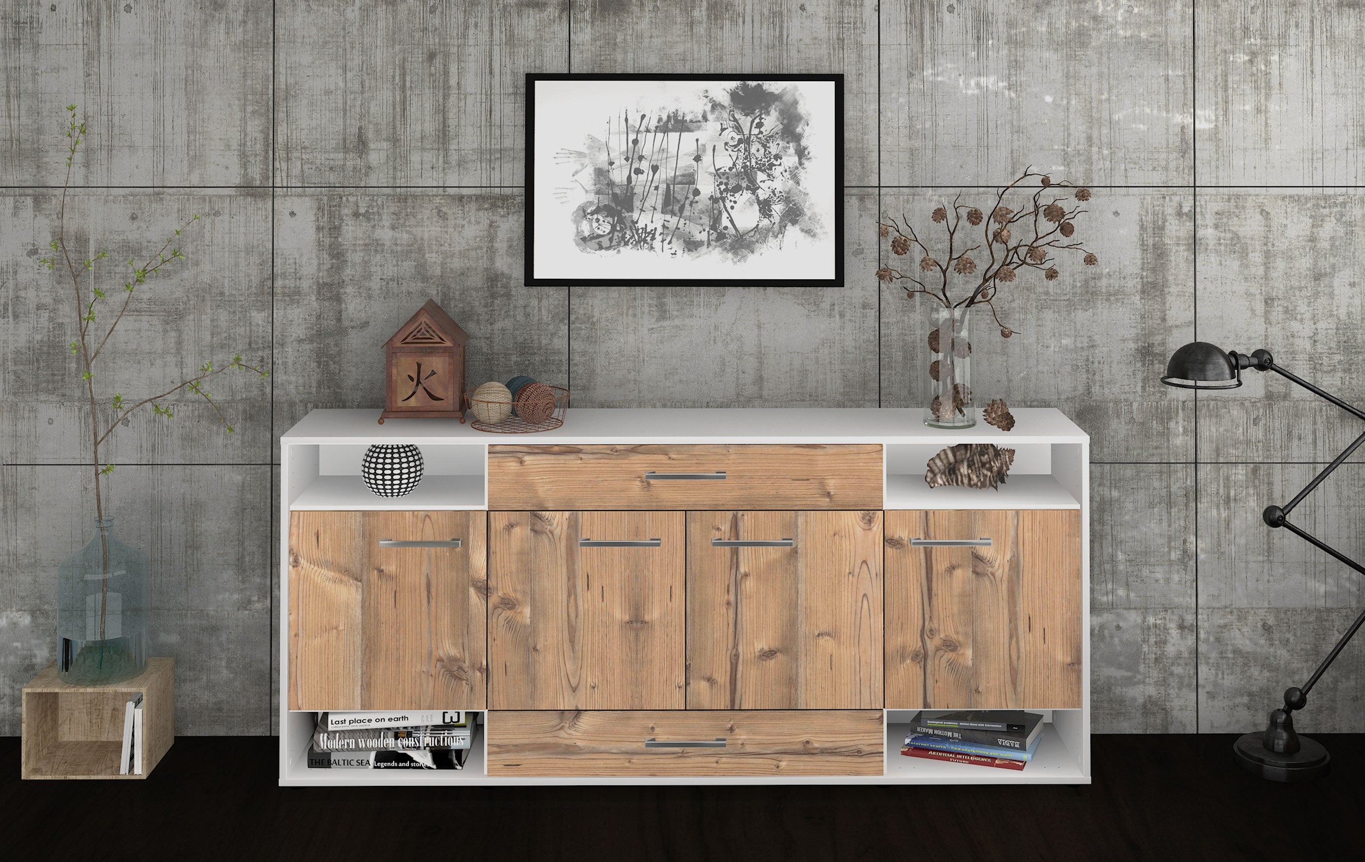 Sideboard - Felicia - Design Holzdekor - Freistehend mit Griffe 180 cm Weiss