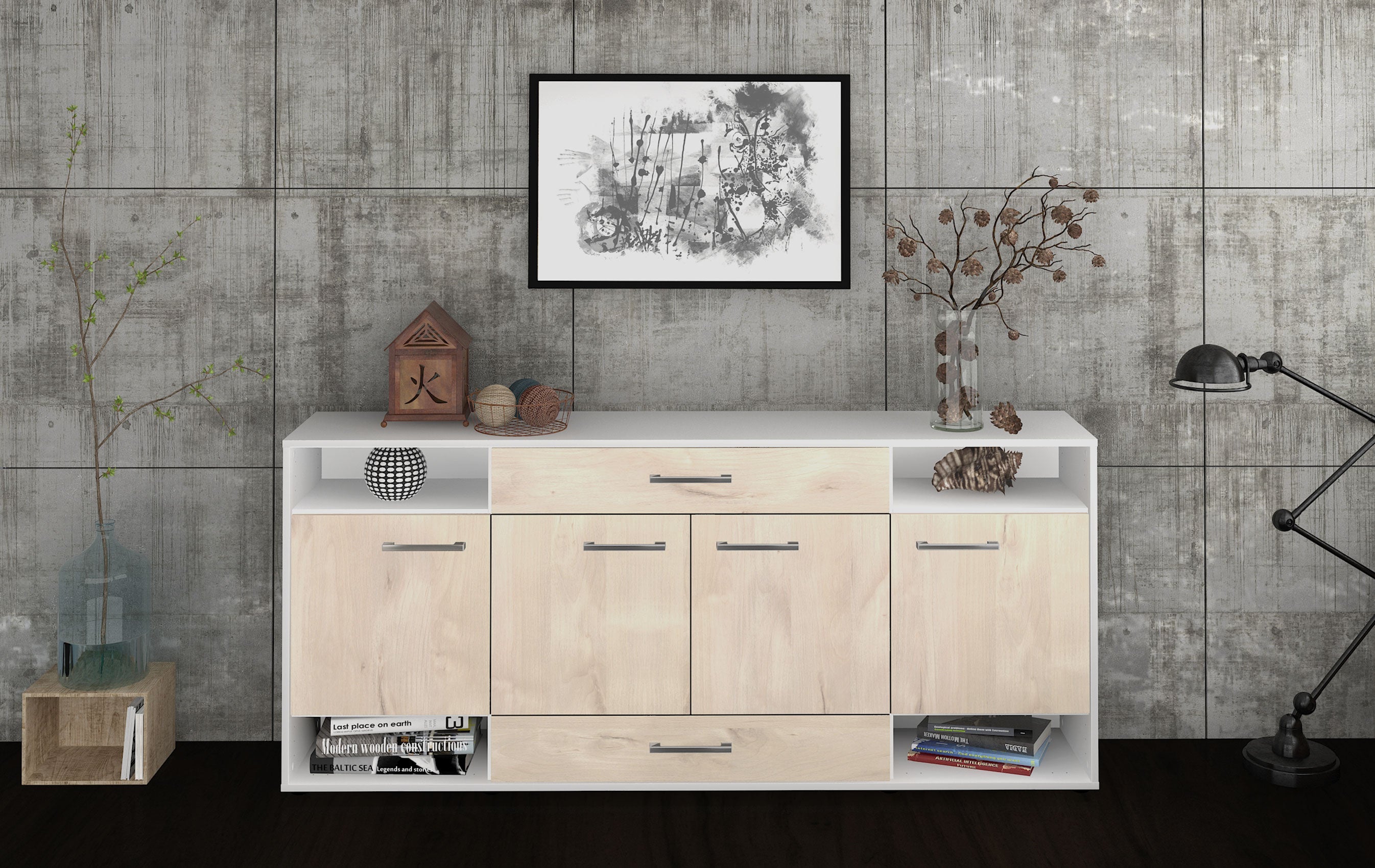 Sideboard - Felicia - Design Holzdekor - Freistehend mit Griffe 180 cm Weiss