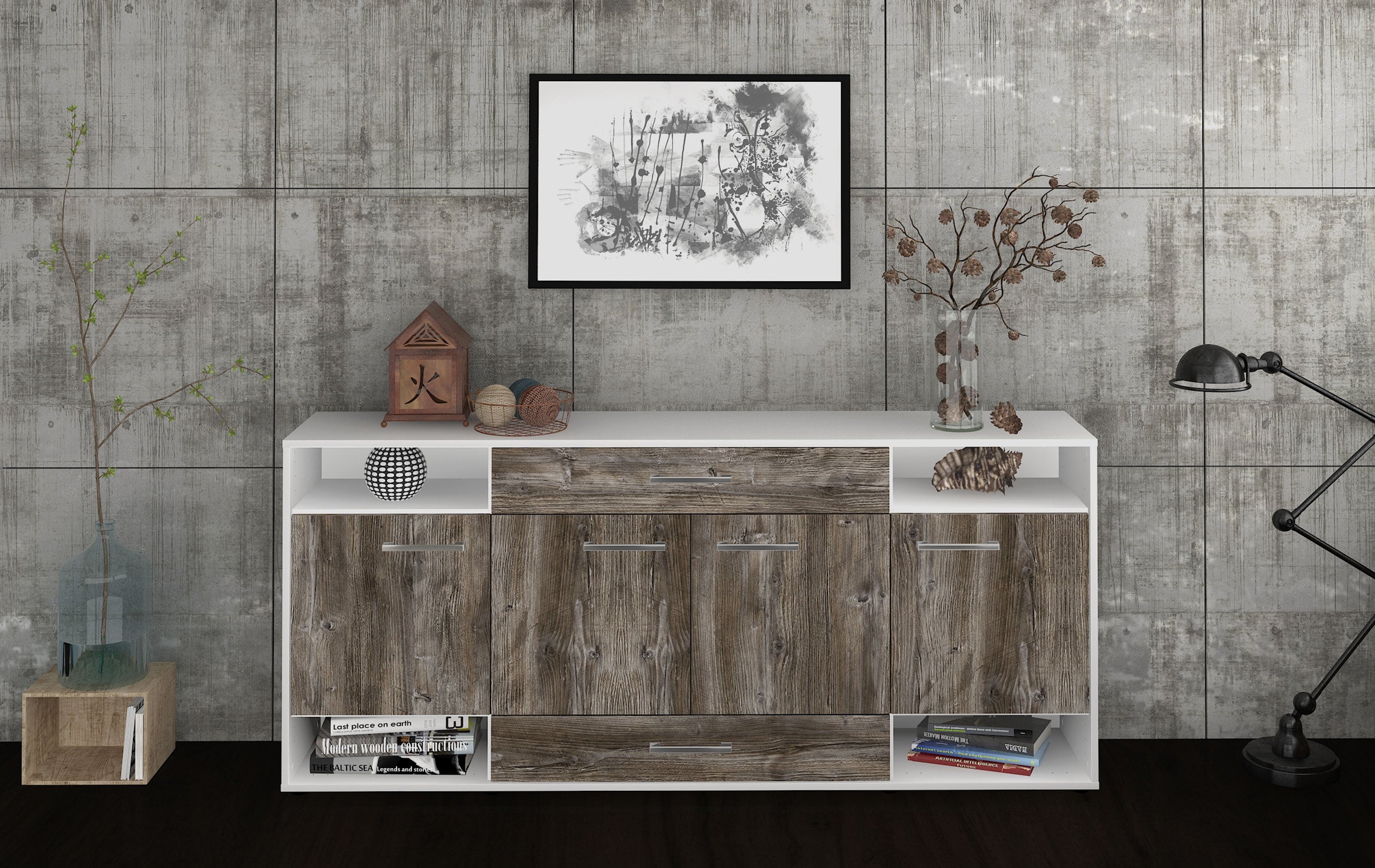 Sideboard - Felicia - Design Holzdekor - Freistehend mit Griffe 180 cm Weiss