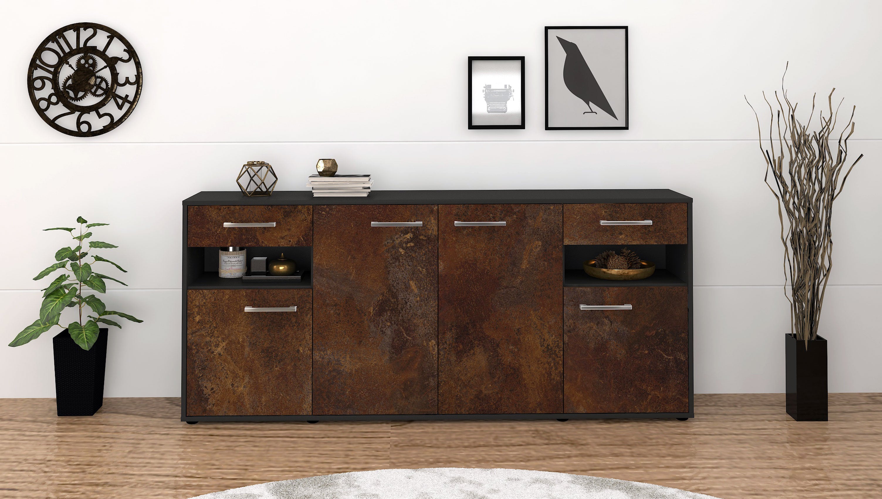 Sideboard - Franca - Design Industrie Stil - Freistehend mit Griffe 180 cm Anthrazit