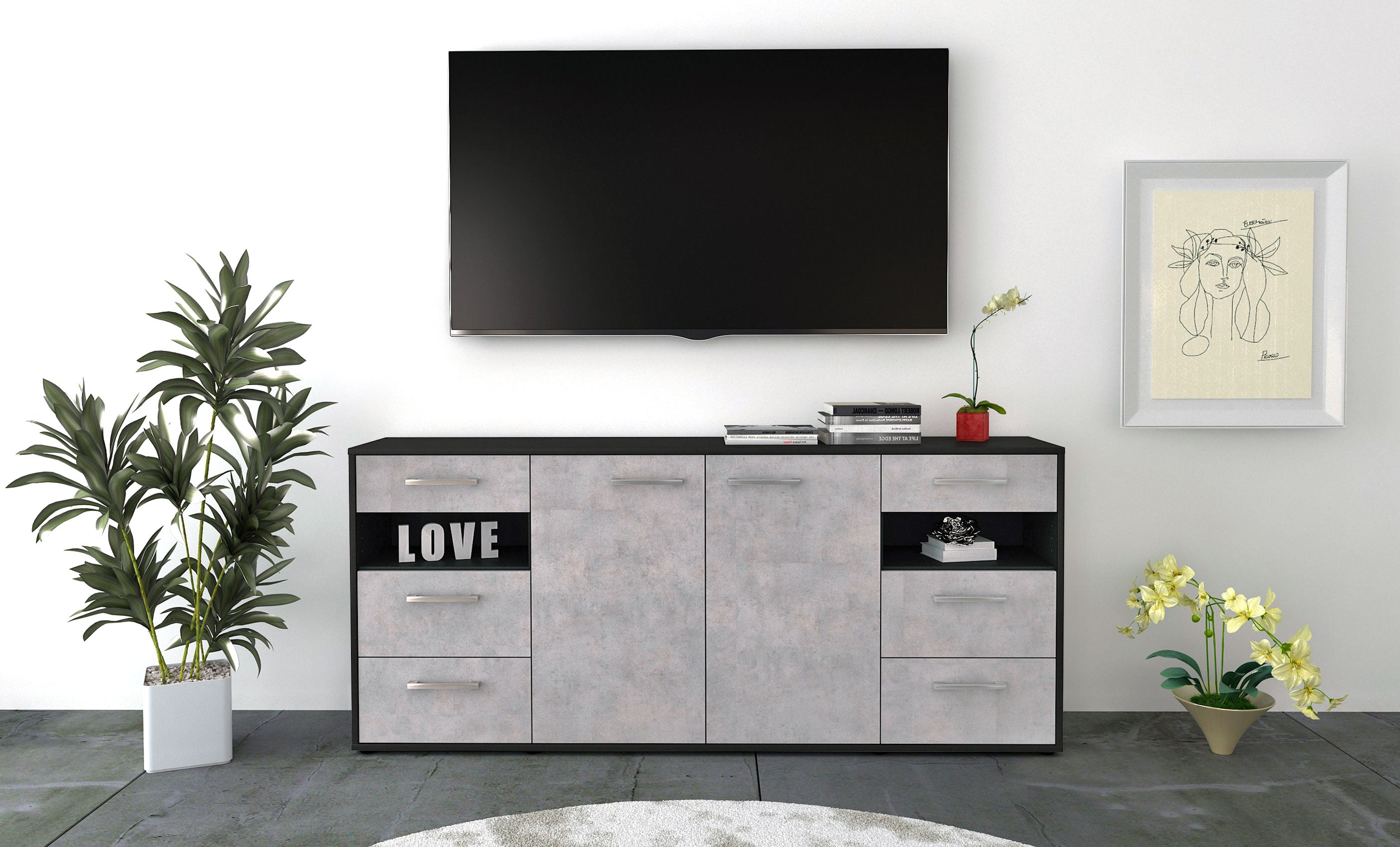 Sideboard - Francesca - Design Industrie Stil - Freistehend mit Griffe 180 cm Anthrazit