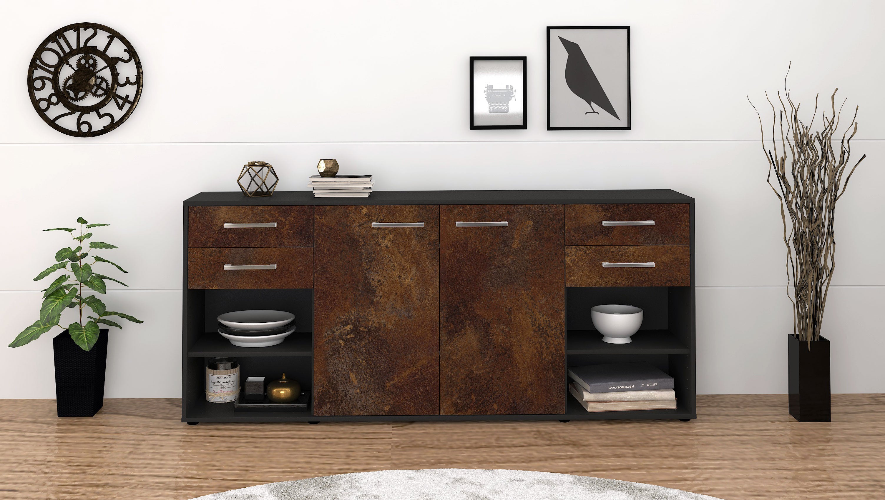 Sideboard - Franka - Design Industrie Stil - Freistehend mit Griffe 180 cm Anthrazit