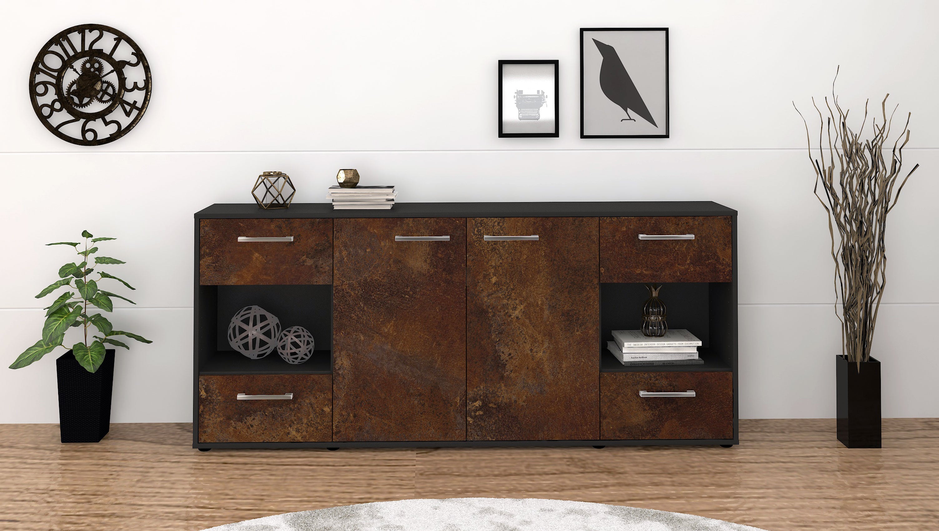 Sideboard - Gaia - Design Industrie Stil - Freistehend mit Griffe 180 cm Anthrazit