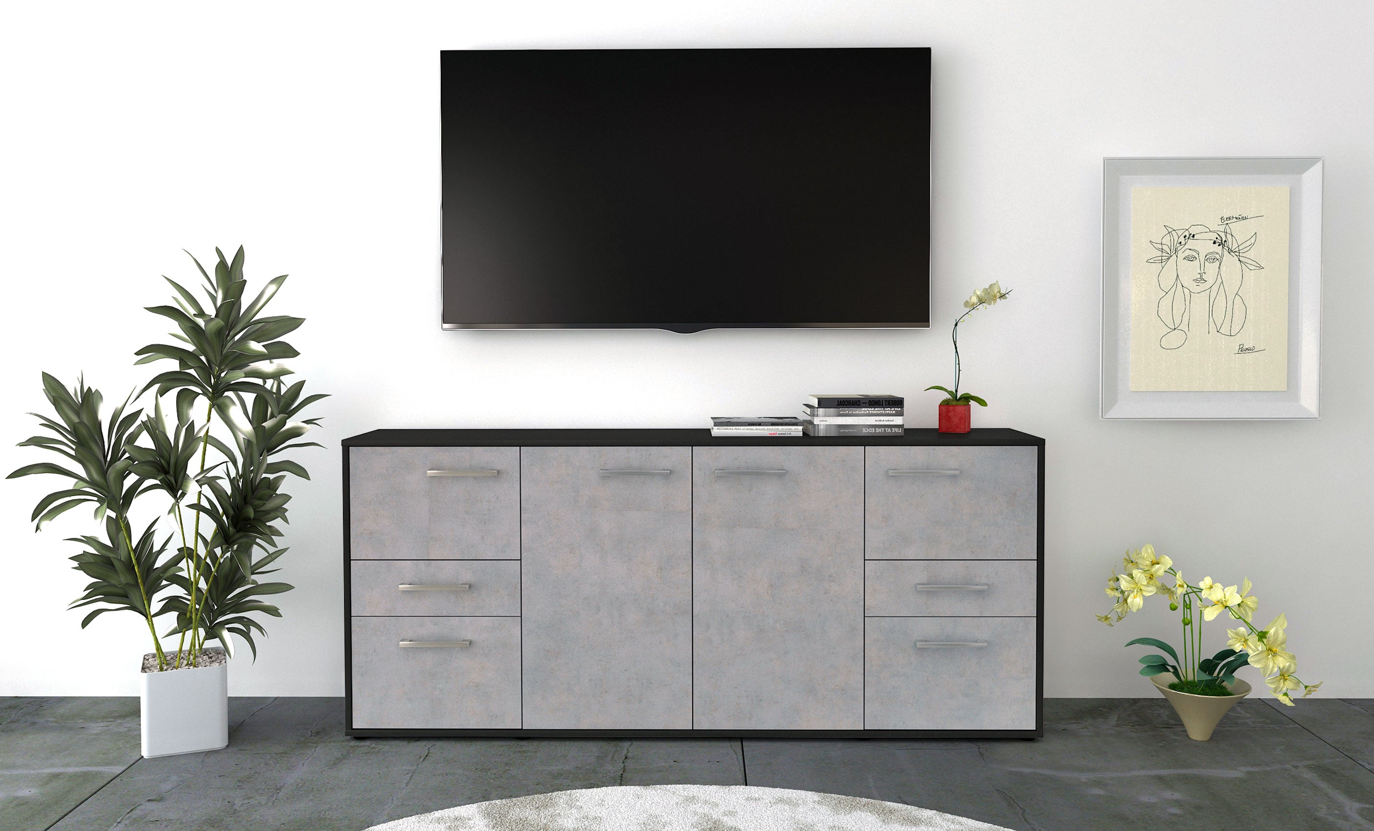 Sideboard - Gemma - Design Industrie Stil - Freistehend mit Griffe 180 cm Anthrazit