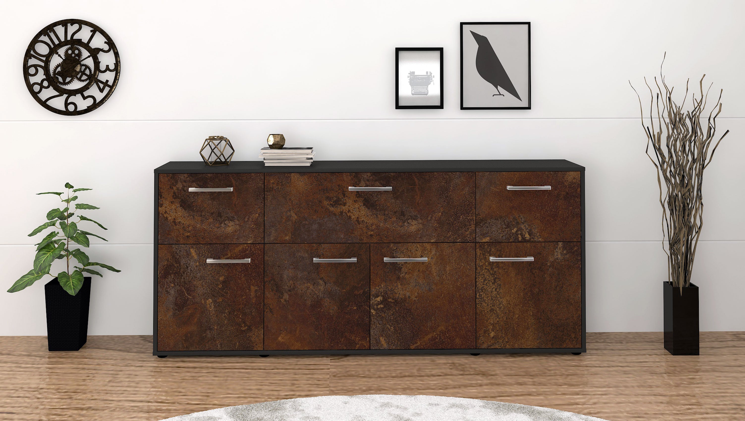 Sideboard - Gianna - Design Industrie Stil - Freistehend mit Griffe 180 cm Anthrazit