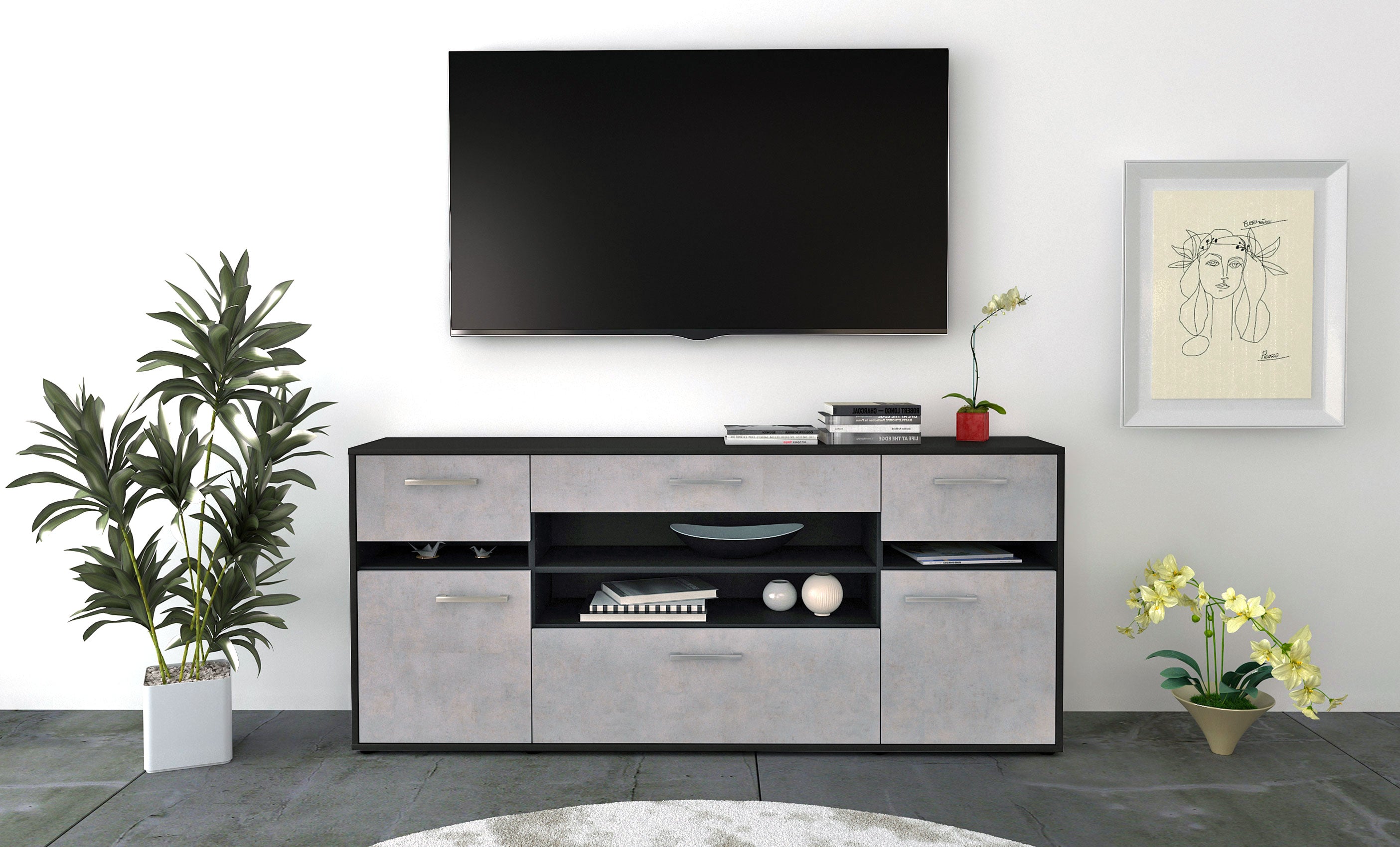 Sideboard - Gina - Design Industrie Stil - Freistehend mit Griffe 180 cm Anthrazit