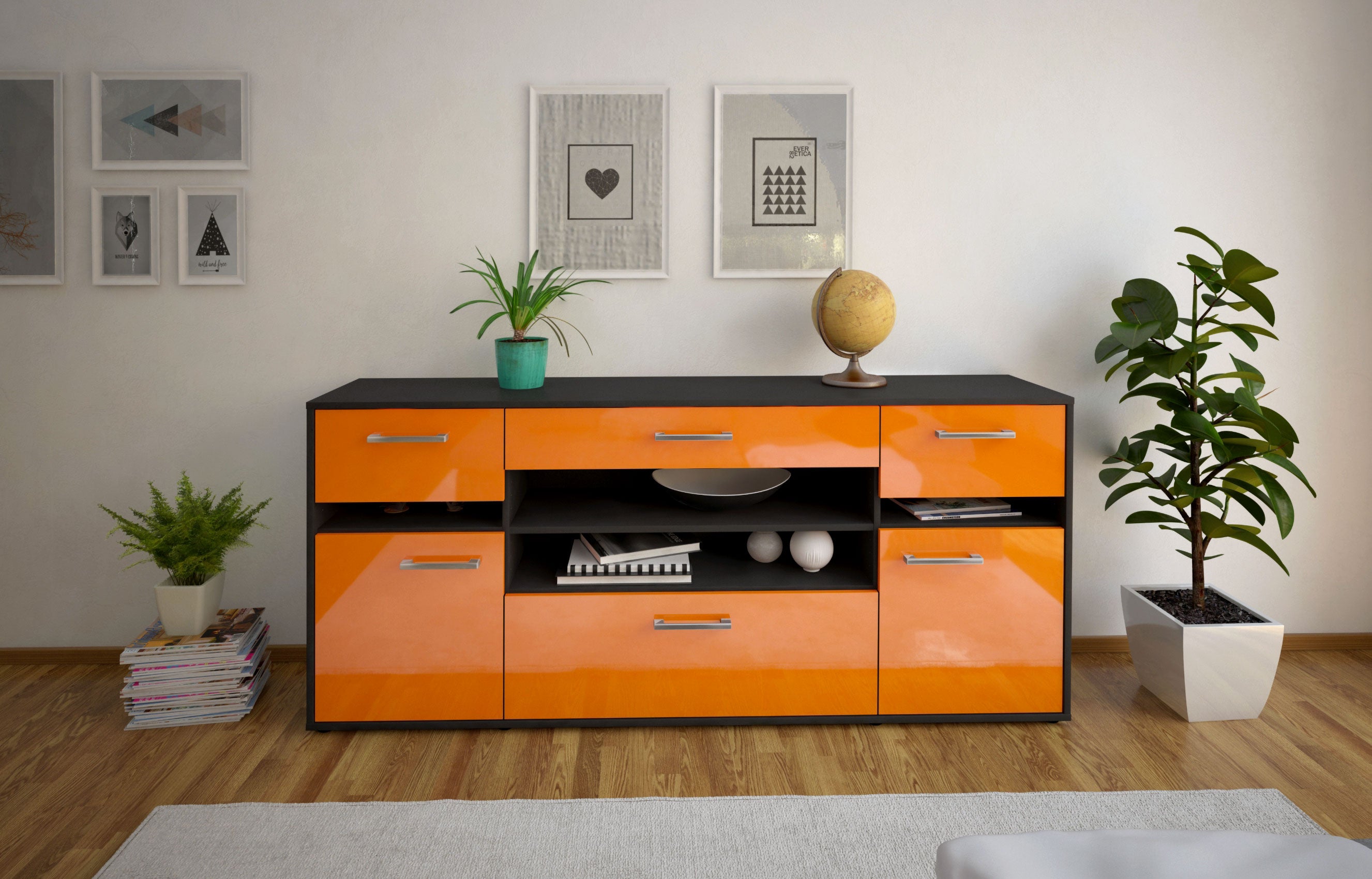 Sideboard - Gina - Design Hochglanz - Freistehend mit Griffe 180 cm Anthrazit