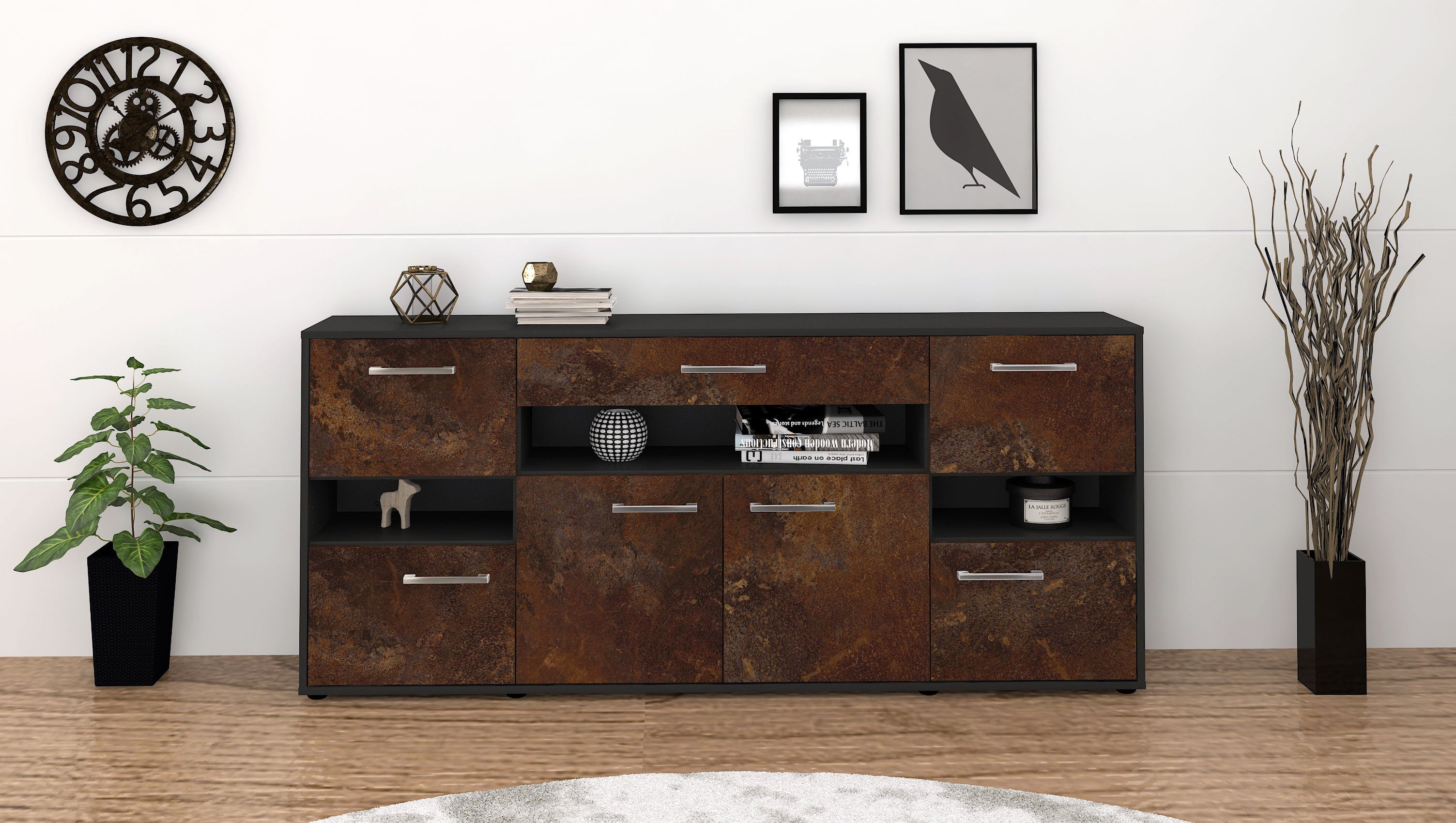 Sideboard - Ginevra - Design Industrie Stil - Freistehend mit Griffe 180 cm Anthrazit