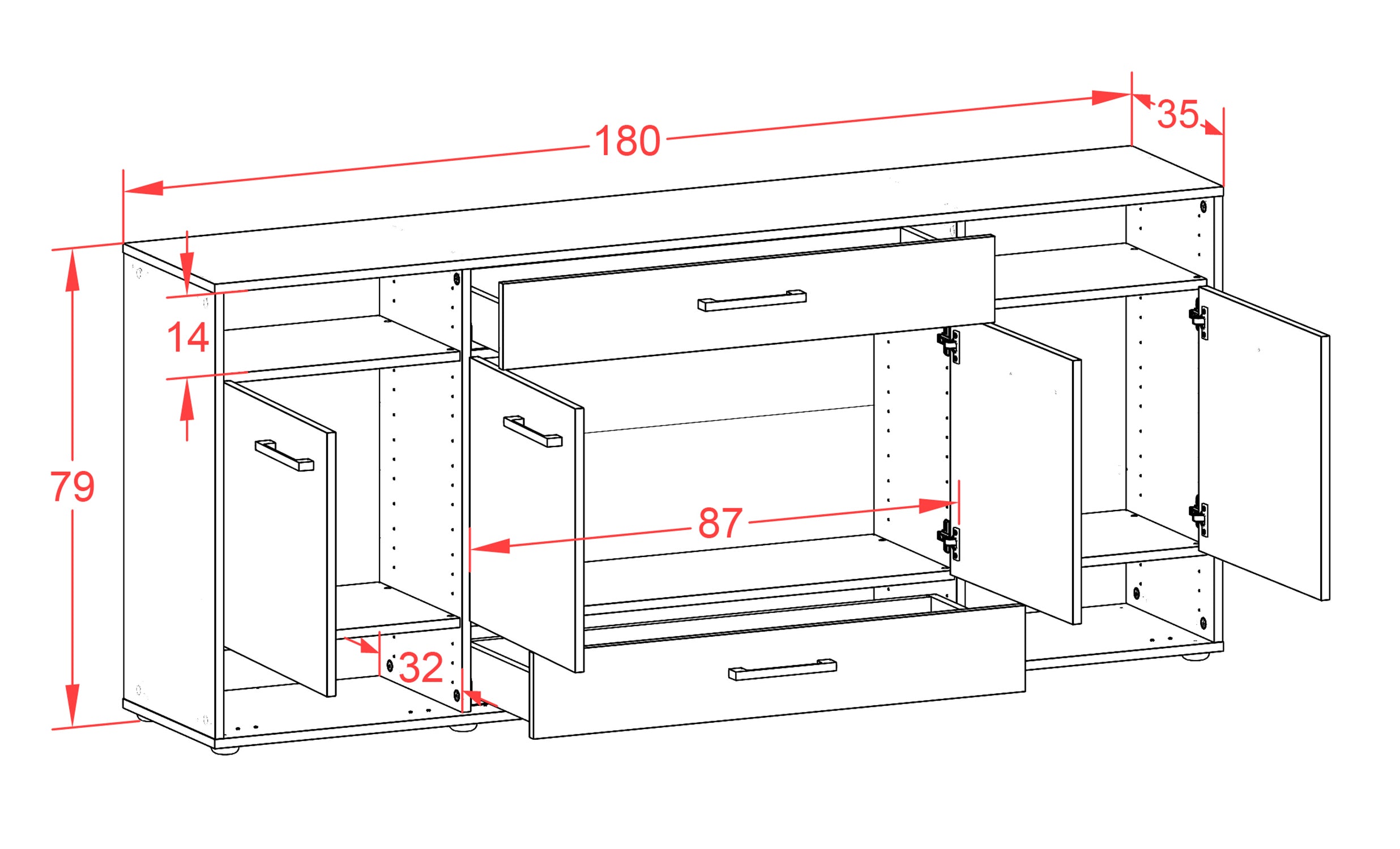Sideboard - Felicia - Design Holzdekor - Freistehend mit Griffe 180 cm Weiss