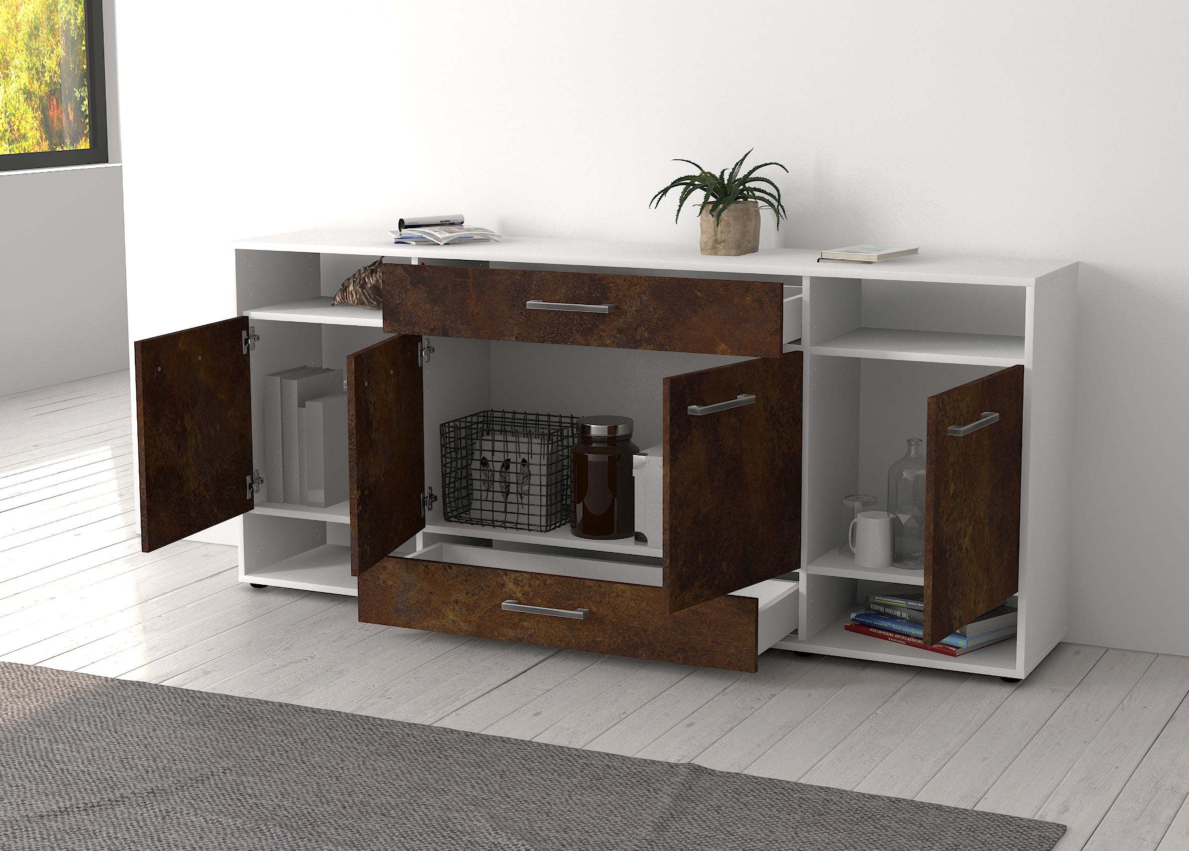 Sideboard - Felicia - Design Holzdekor - Freistehend mit Griffe 180 cm Weiss