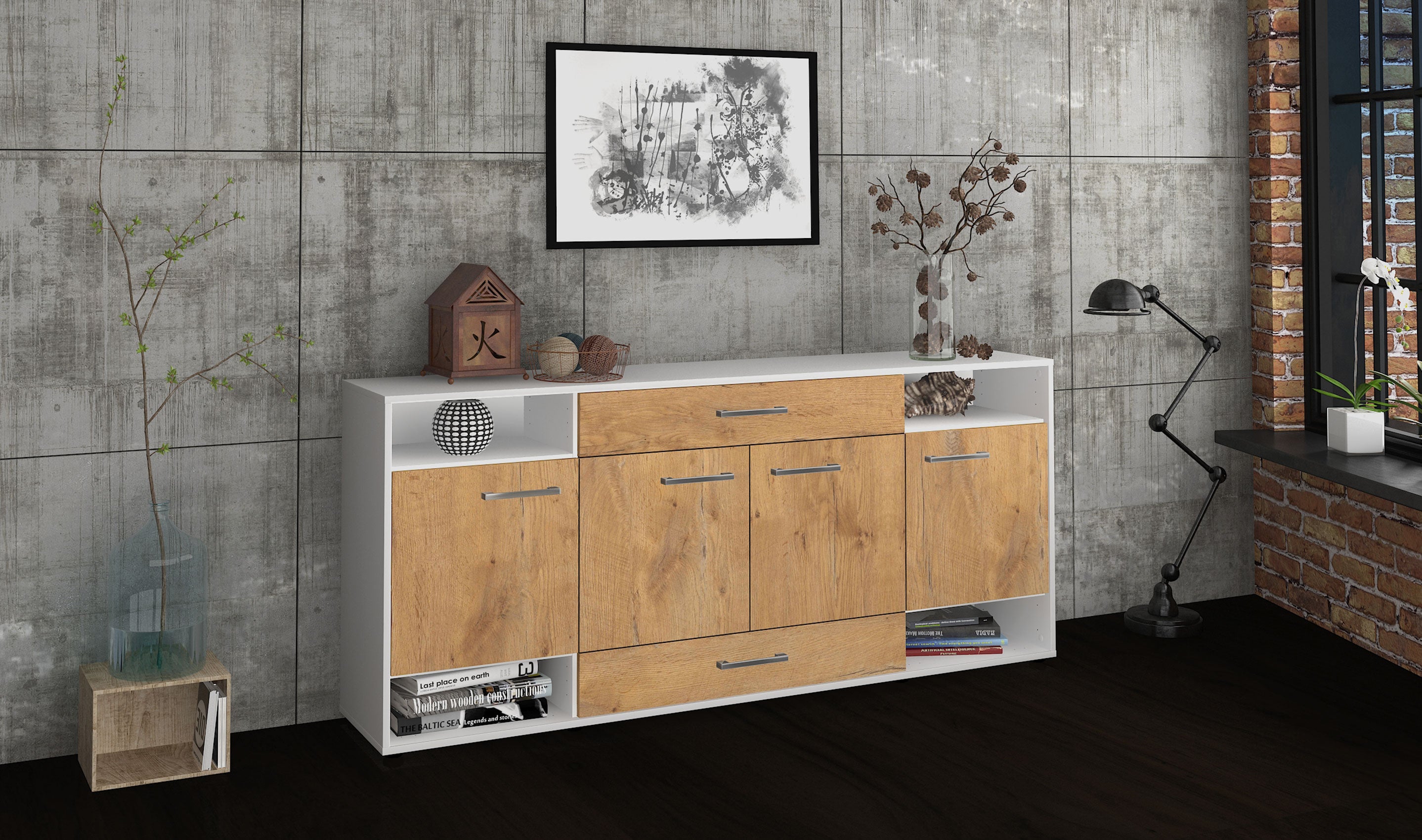 Sideboard - Felicia - Design Holzdekor - Freistehend mit Griffe 180 cm Weiss