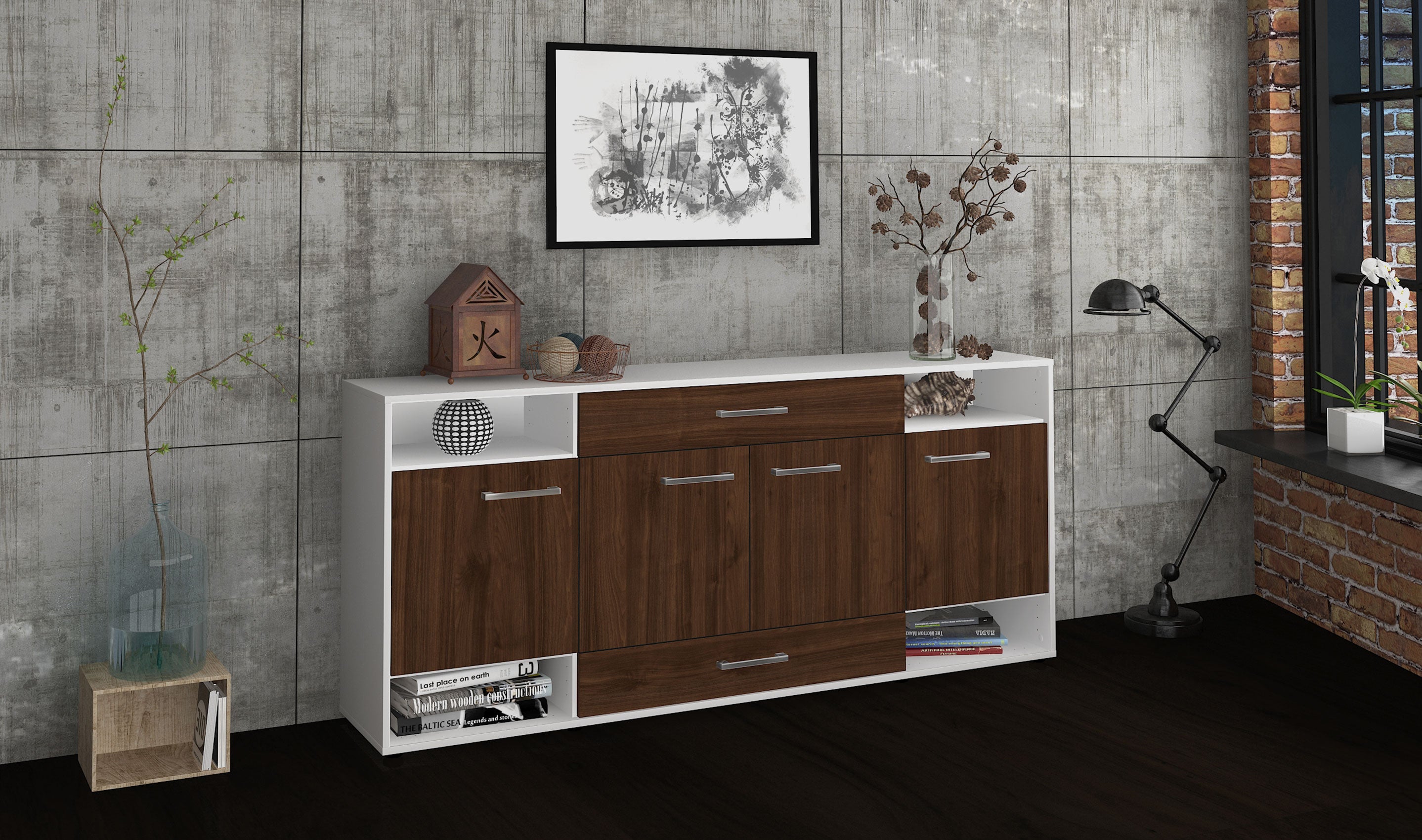 Sideboard - Felicia - Design Holzdekor - Freistehend mit Griffe 180 cm Weiss