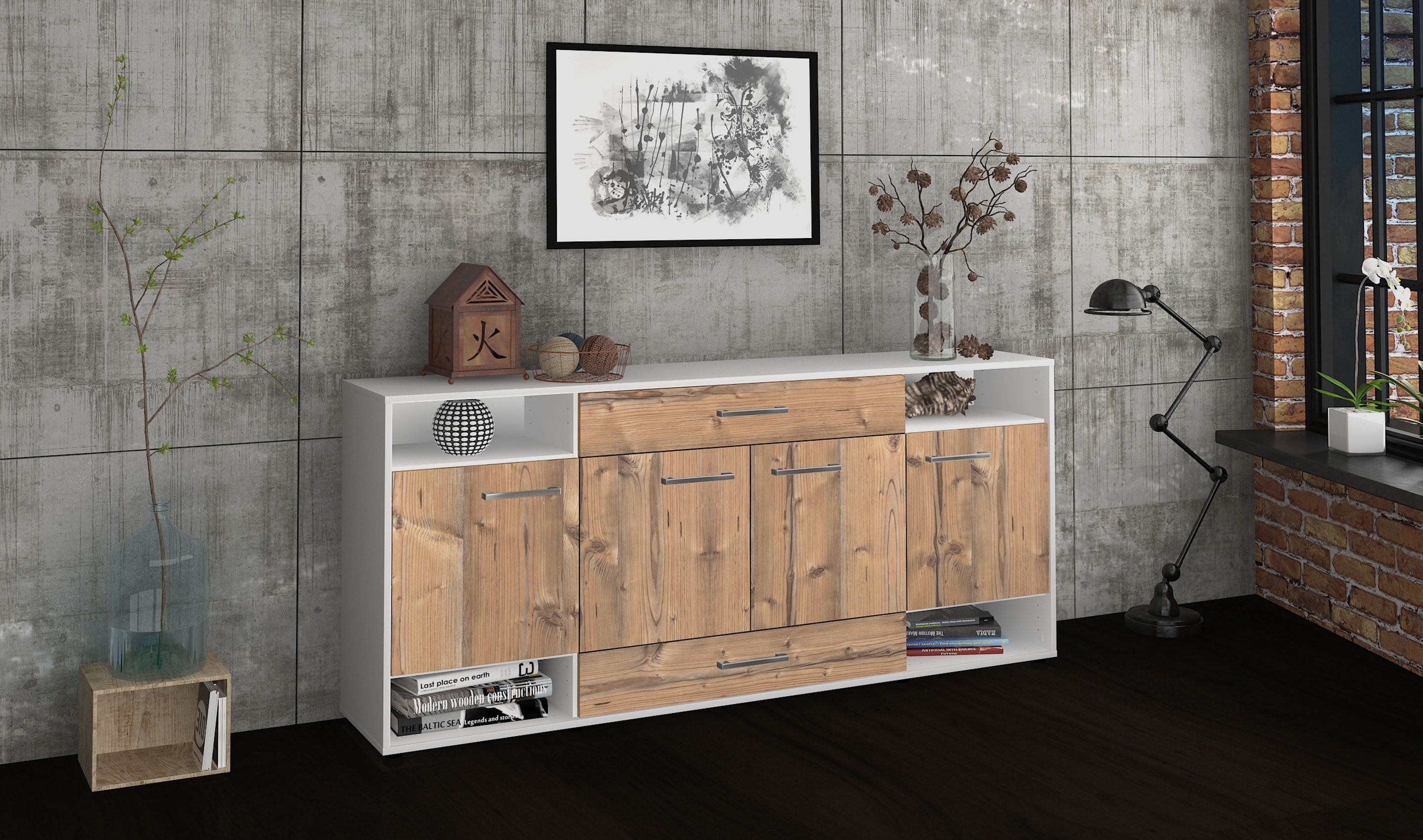 Sideboard - Felicia - Design Holzdekor - Freistehend mit Griffe 180 cm Weiss