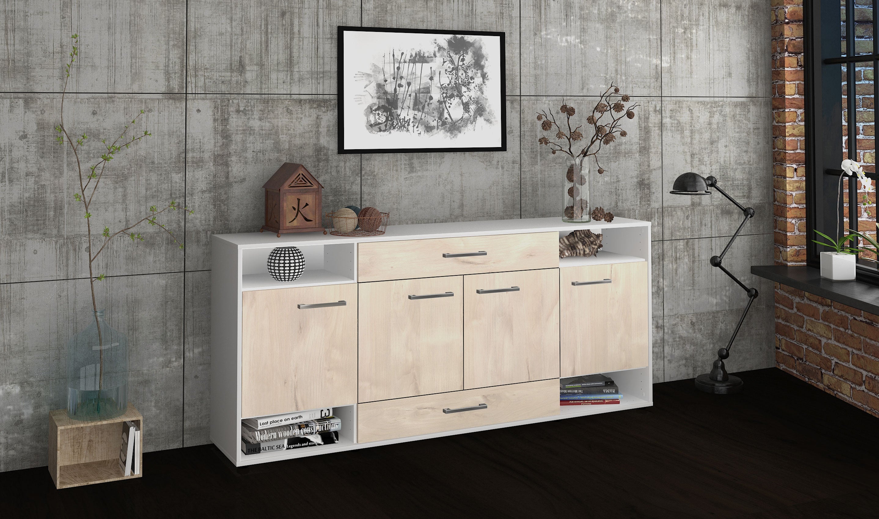 Sideboard - Felicia - Design Holzdekor - Freistehend mit Griffe 180 cm Weiss