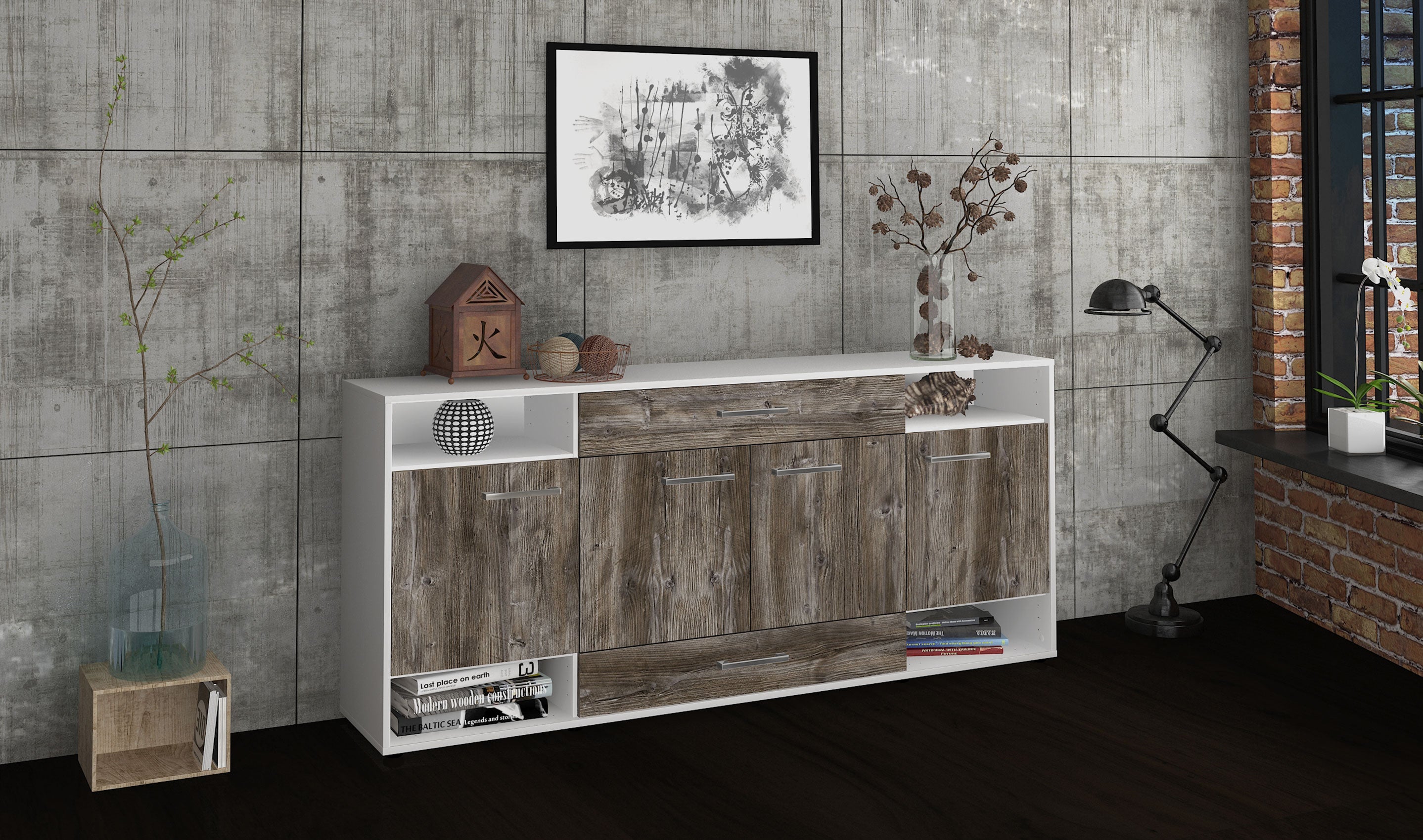 Sideboard - Felicia - Design Holzdekor - Freistehend mit Griffe 180 cm Weiss