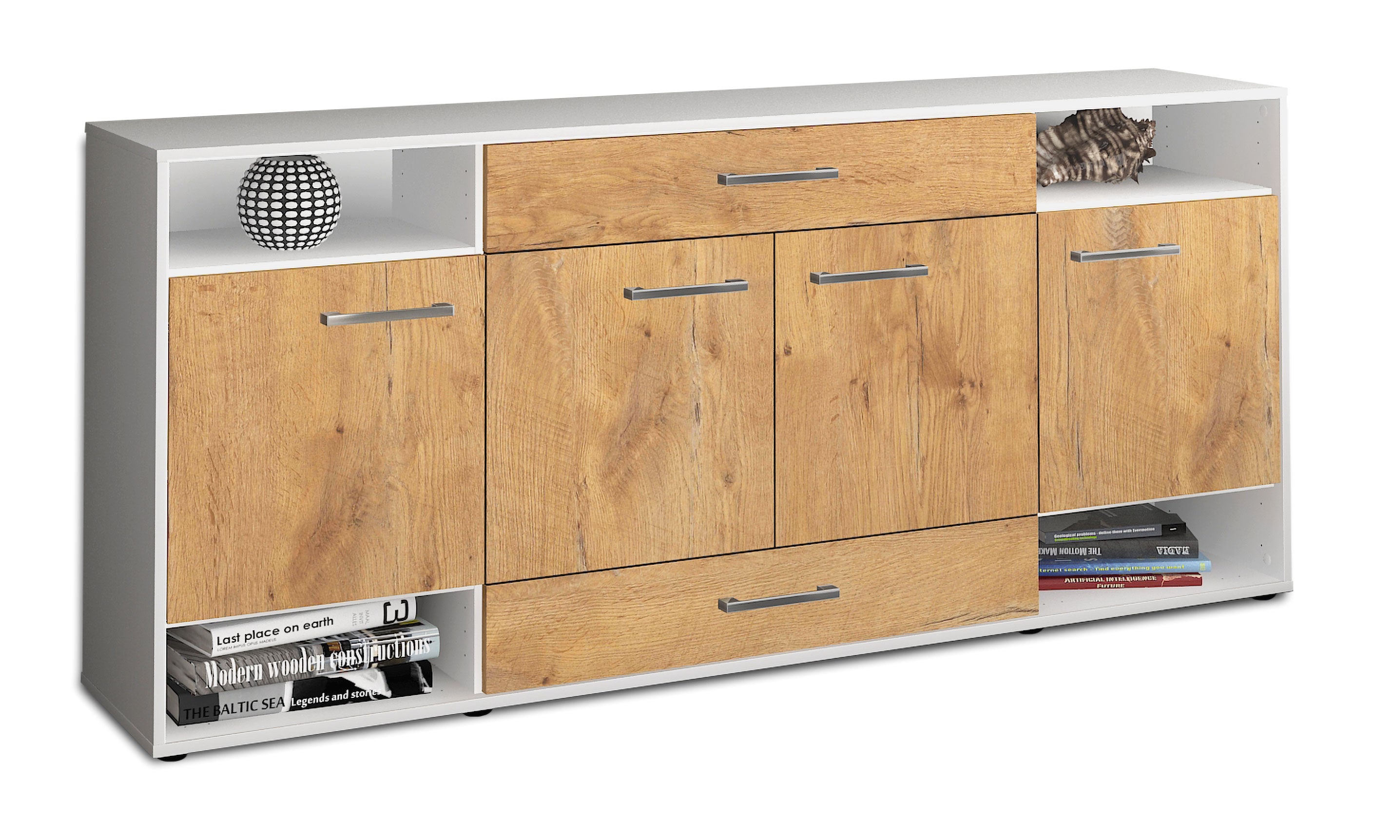 Sideboard - Felicia - Design Holzdekor - Freistehend mit Griffe 180 cm Weiss