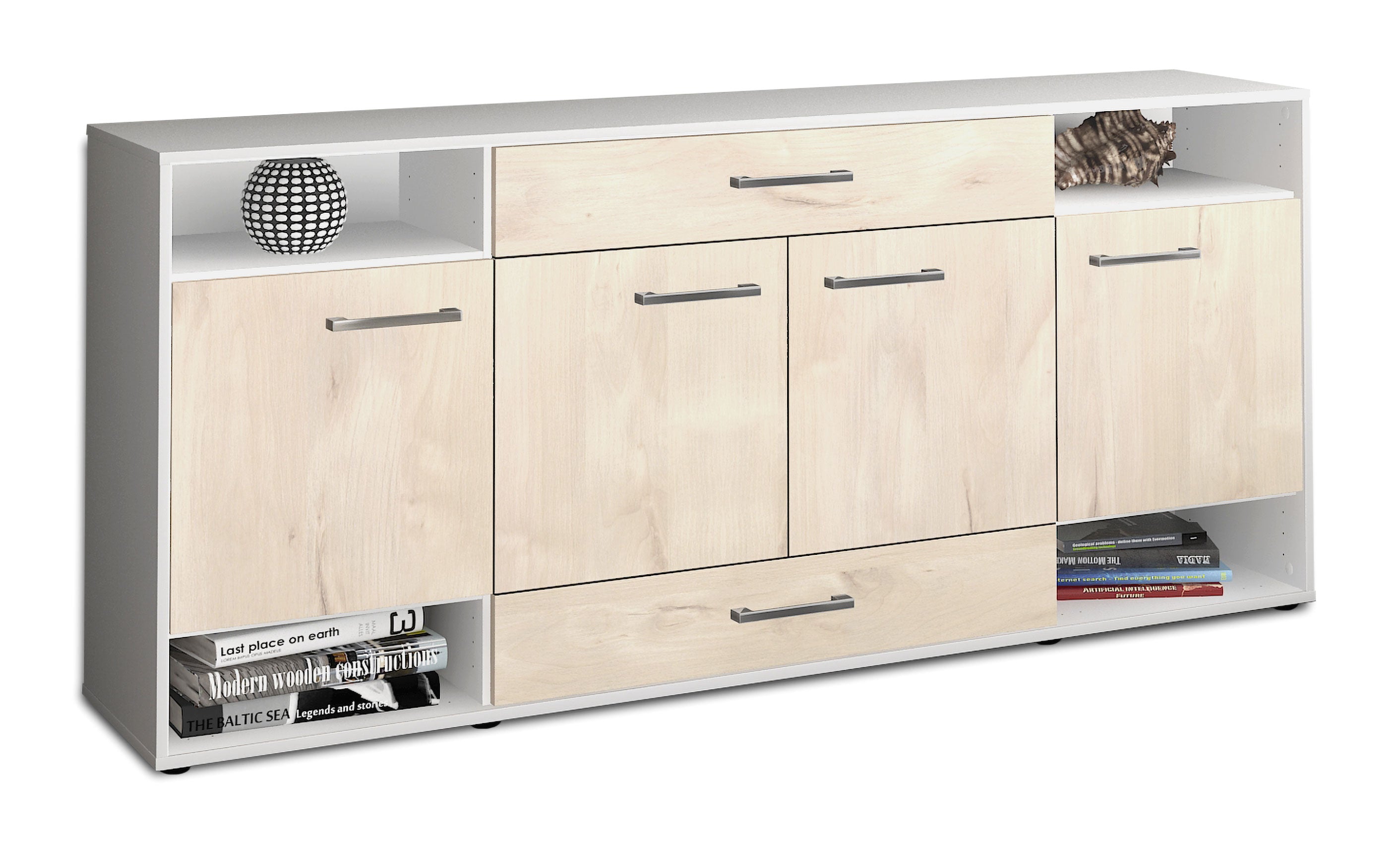 Sideboard - Felicia - Design Holzdekor - Freistehend mit Griffe 180 cm Weiss