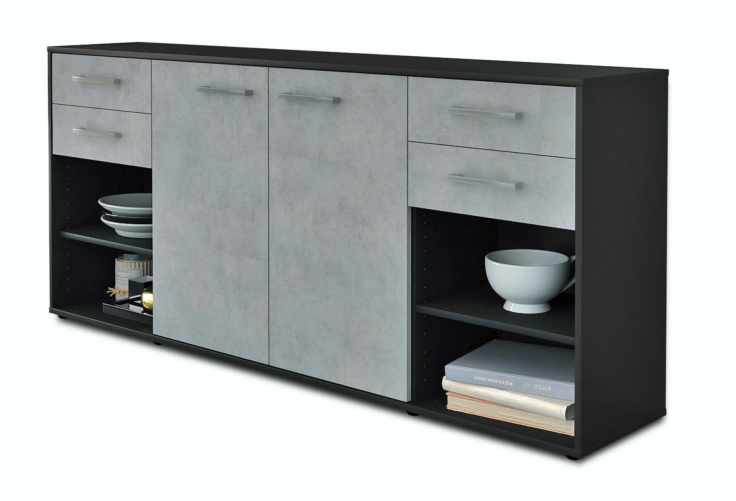 Sideboard - Franka - Design Industrie Stil - Freistehend mit Griffe 180 cm Anthrazit