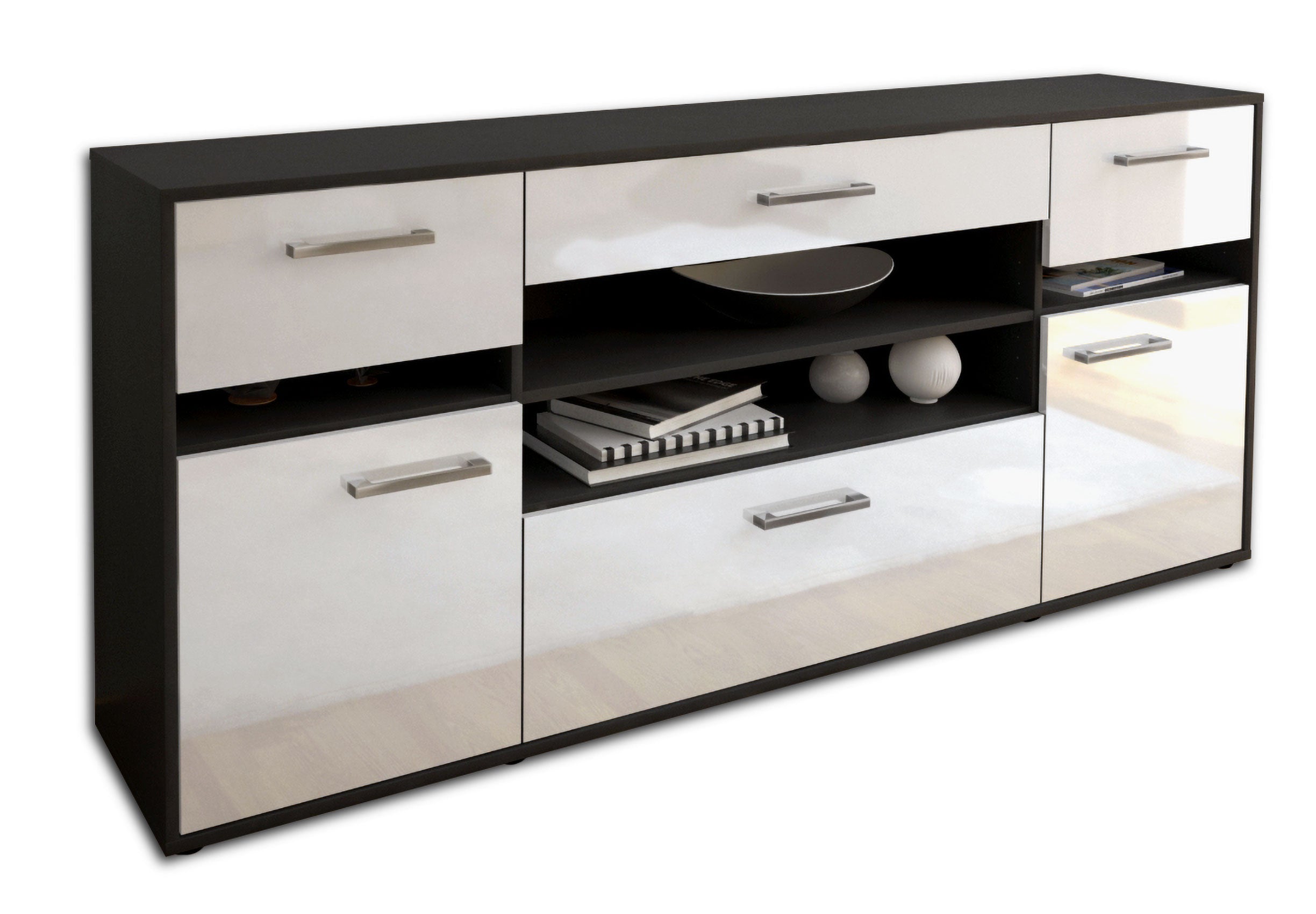 Sideboard - Gina - Design Hochglanz - Freistehend mit Griffe 180 cm Anthrazit