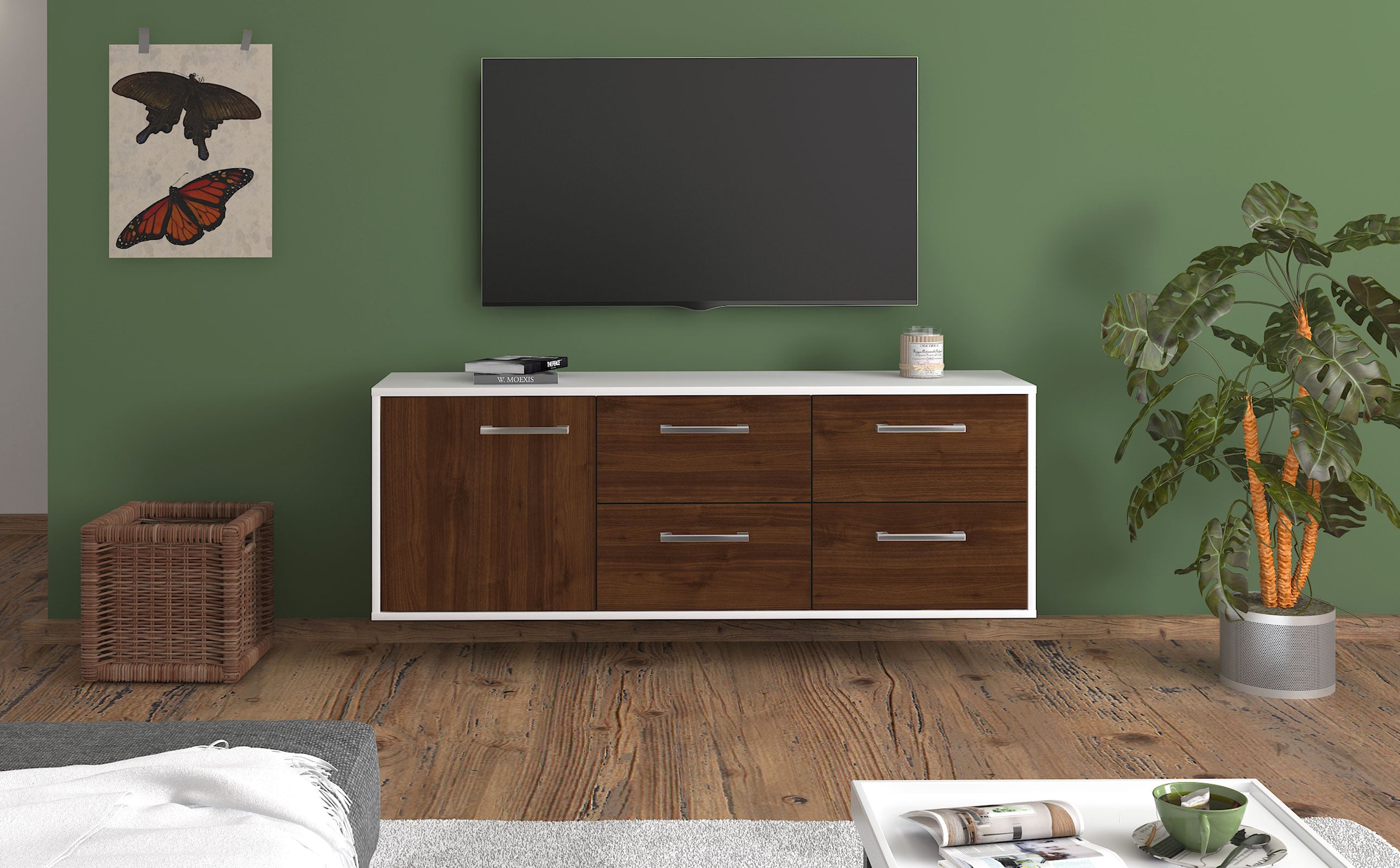 Lowboard - Aloisia - Design Holzdekor - Wandmontage mit Griffe 136 cm Weiss