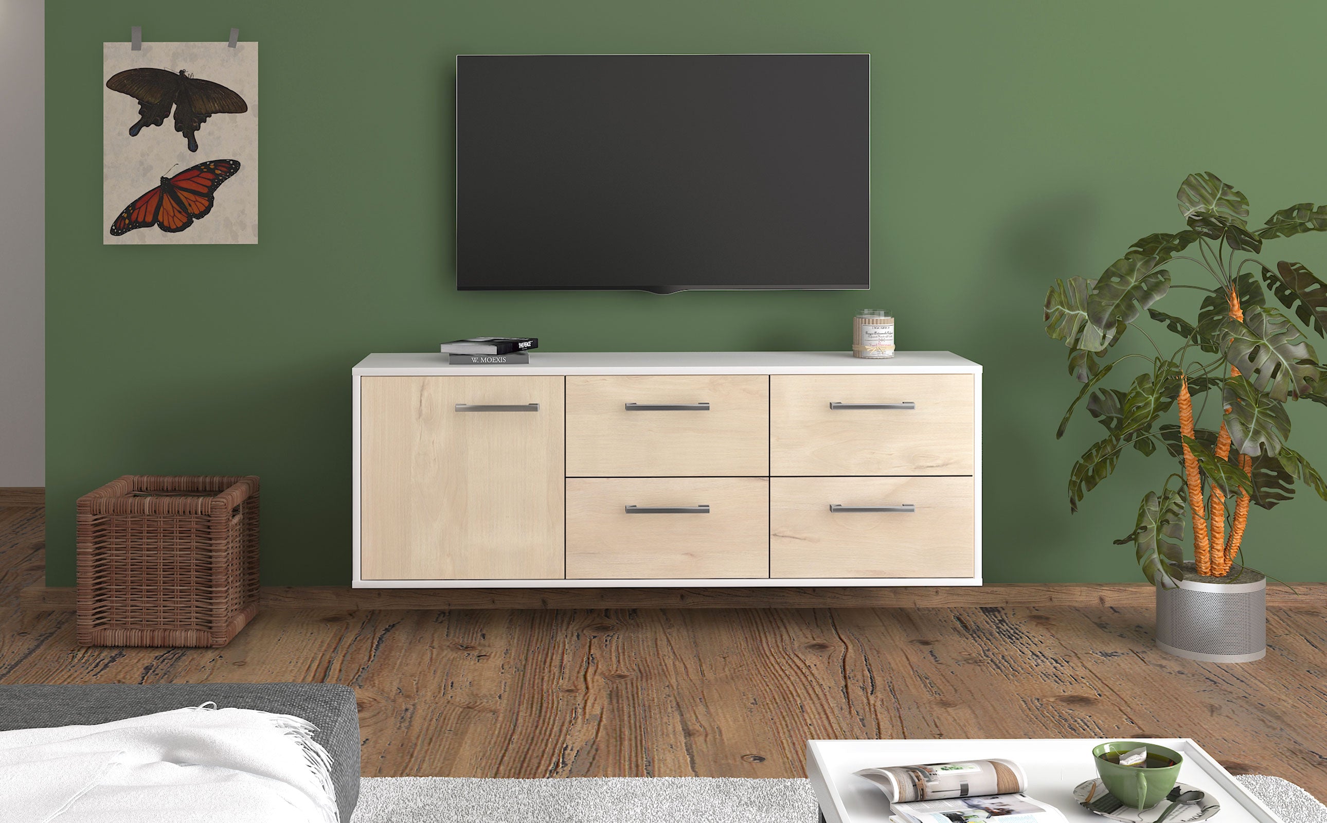 Lowboard - Aloisia - Design Holzdekor - Wandmontage mit Griffe 136 cm Weiss