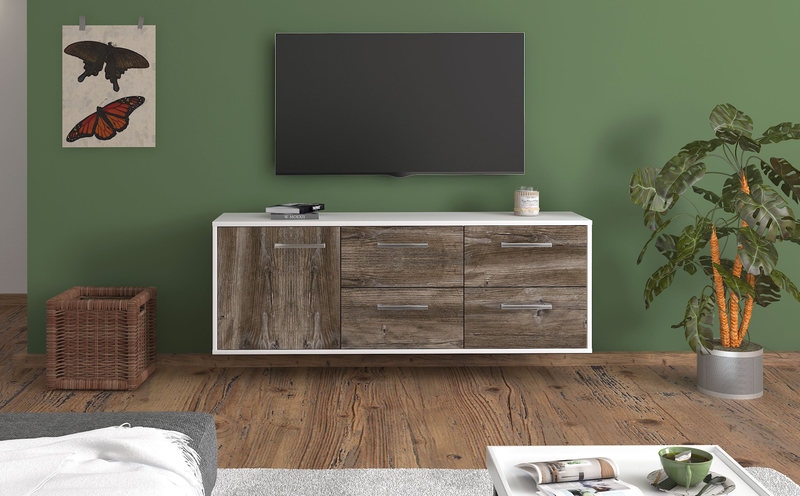 Lowboard - Aloisia - Design Holzdekor - Wandmontage mit Griffe 136 cm Weiss