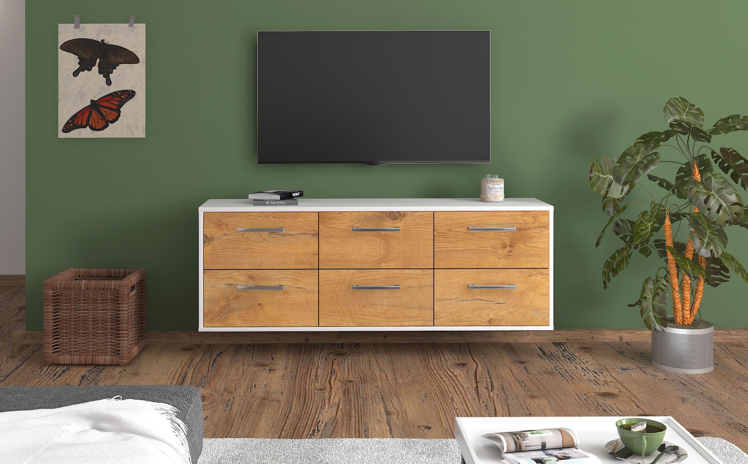 Lowboard - Alva - Design Holzdekor - Wandmontage mit Griffe 136 cm Weiss