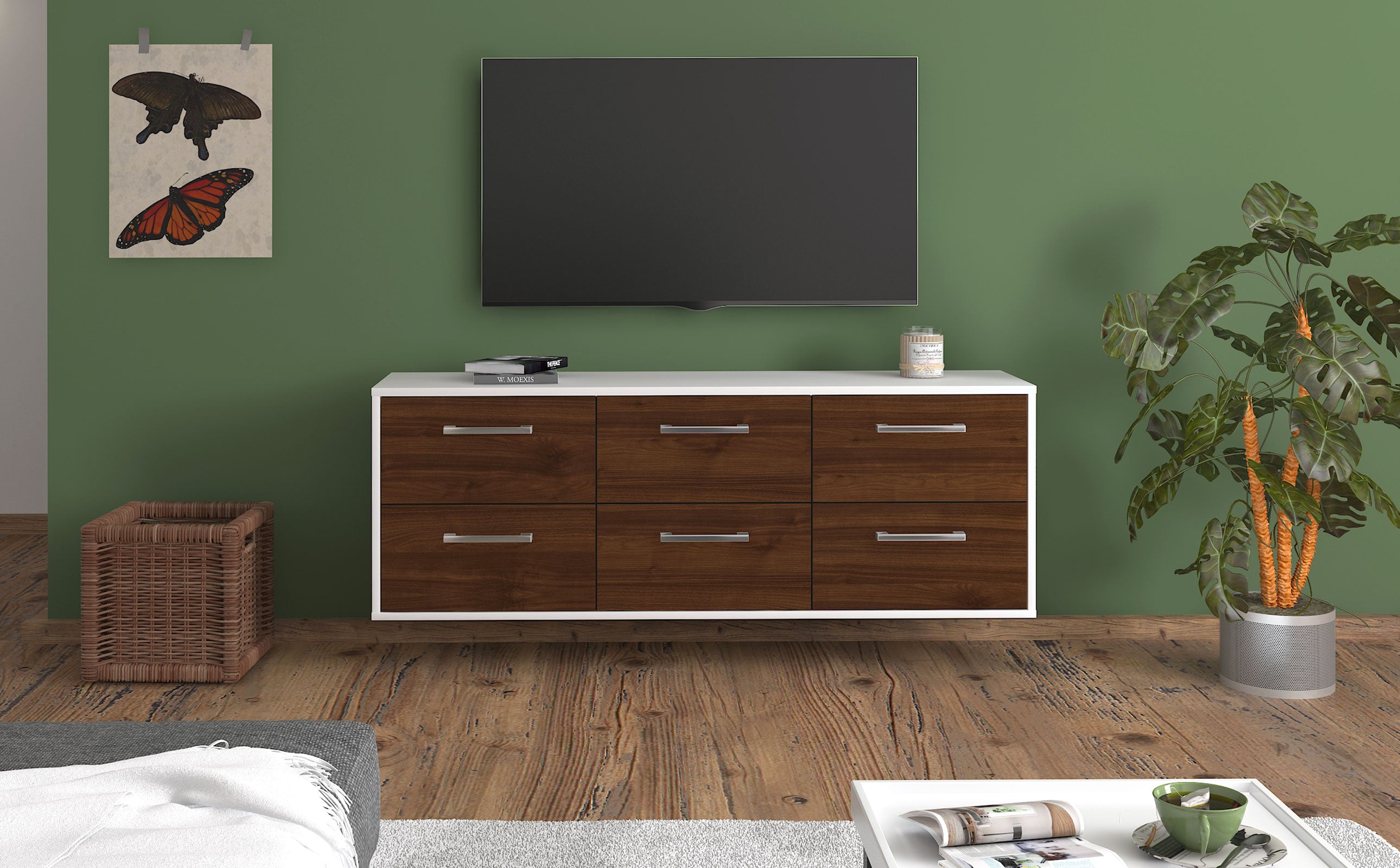 Lowboard - Alva - Design Holzdekor - Wandmontage mit Griffe 136 cm Weiss