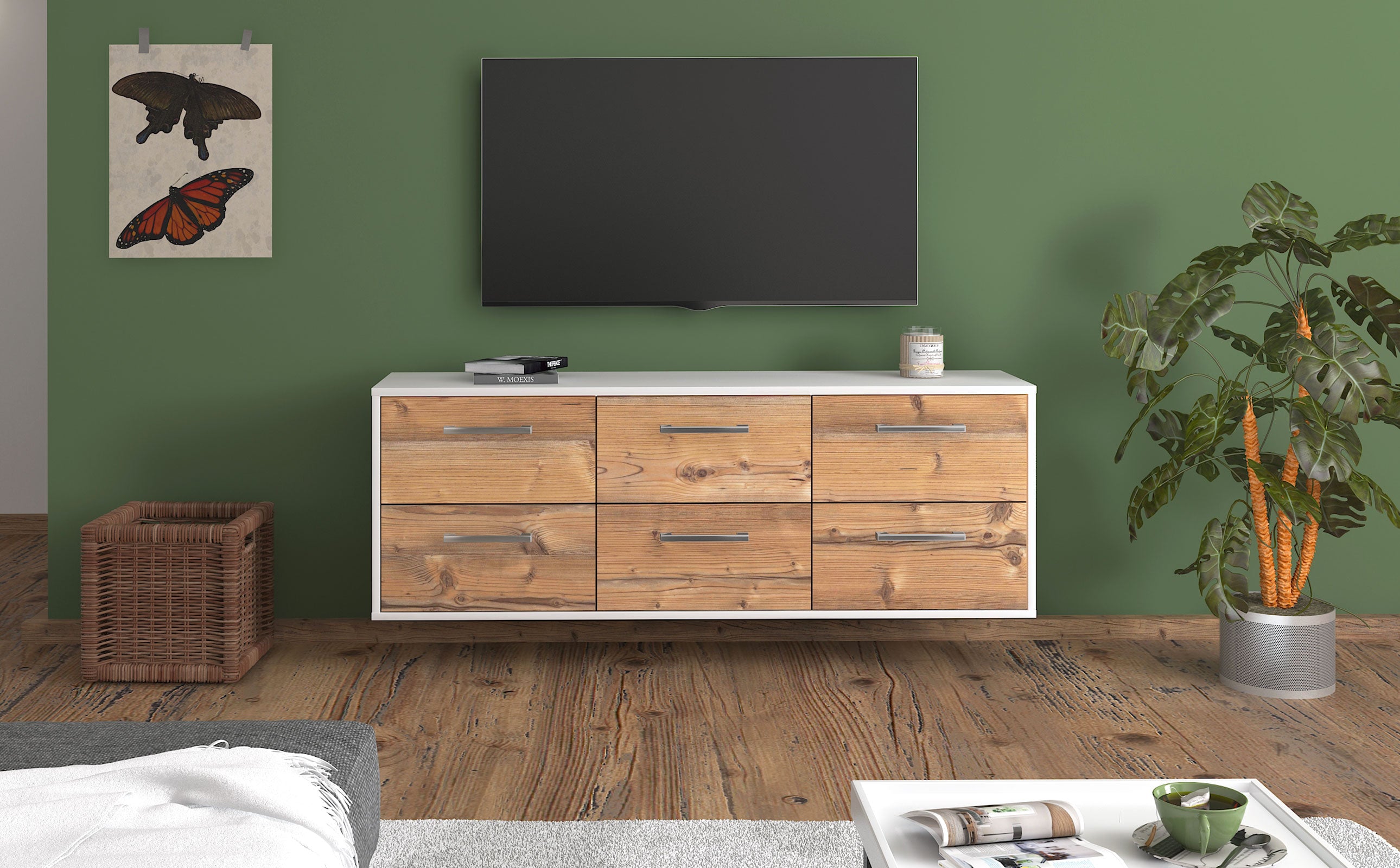 Lowboard - Alva - Design Holzdekor - Wandmontage mit Griffe 136 cm Weiss