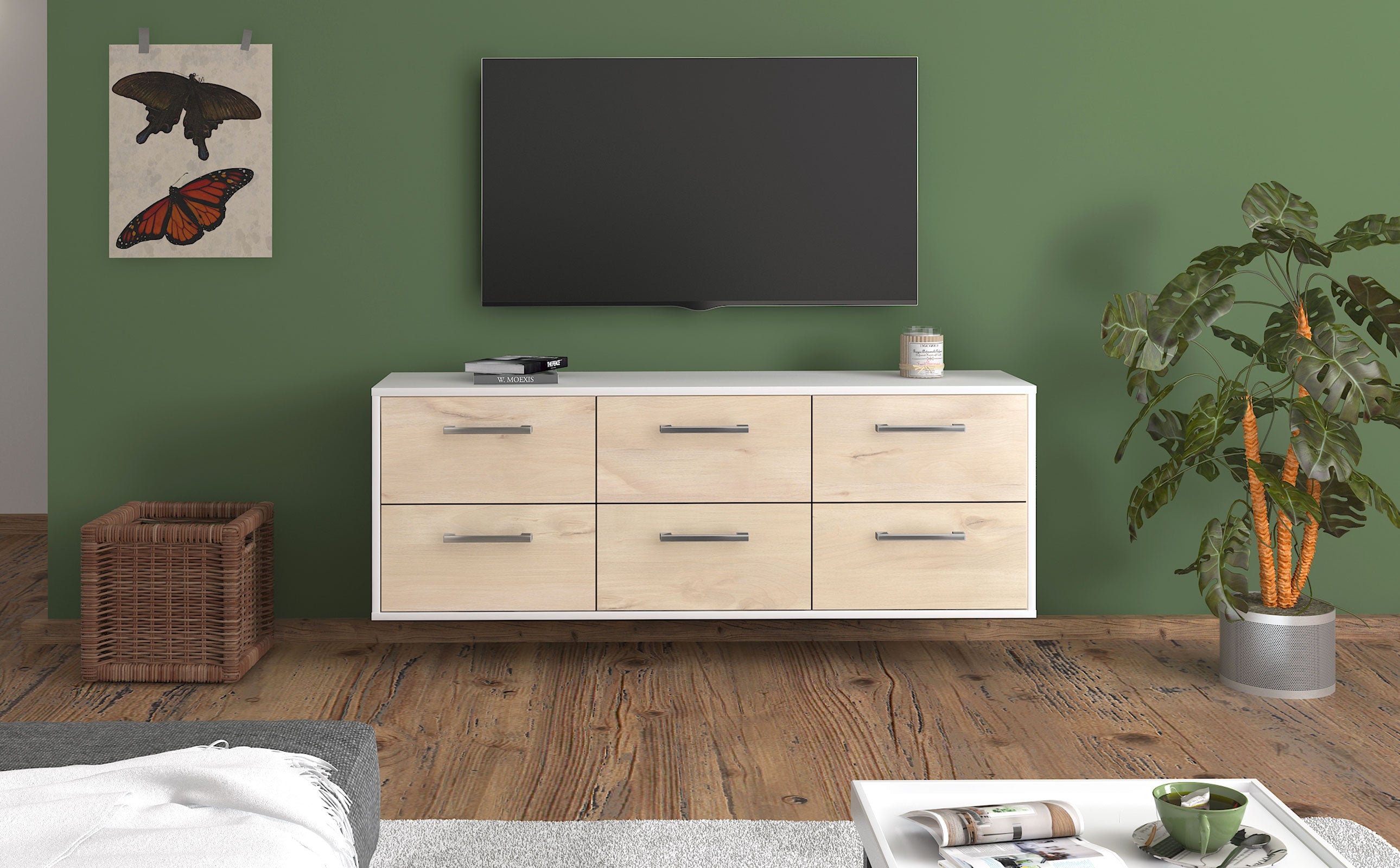 Lowboard - Alva - Design Holzdekor - Wandmontage mit Griffe 136 cm Weiss