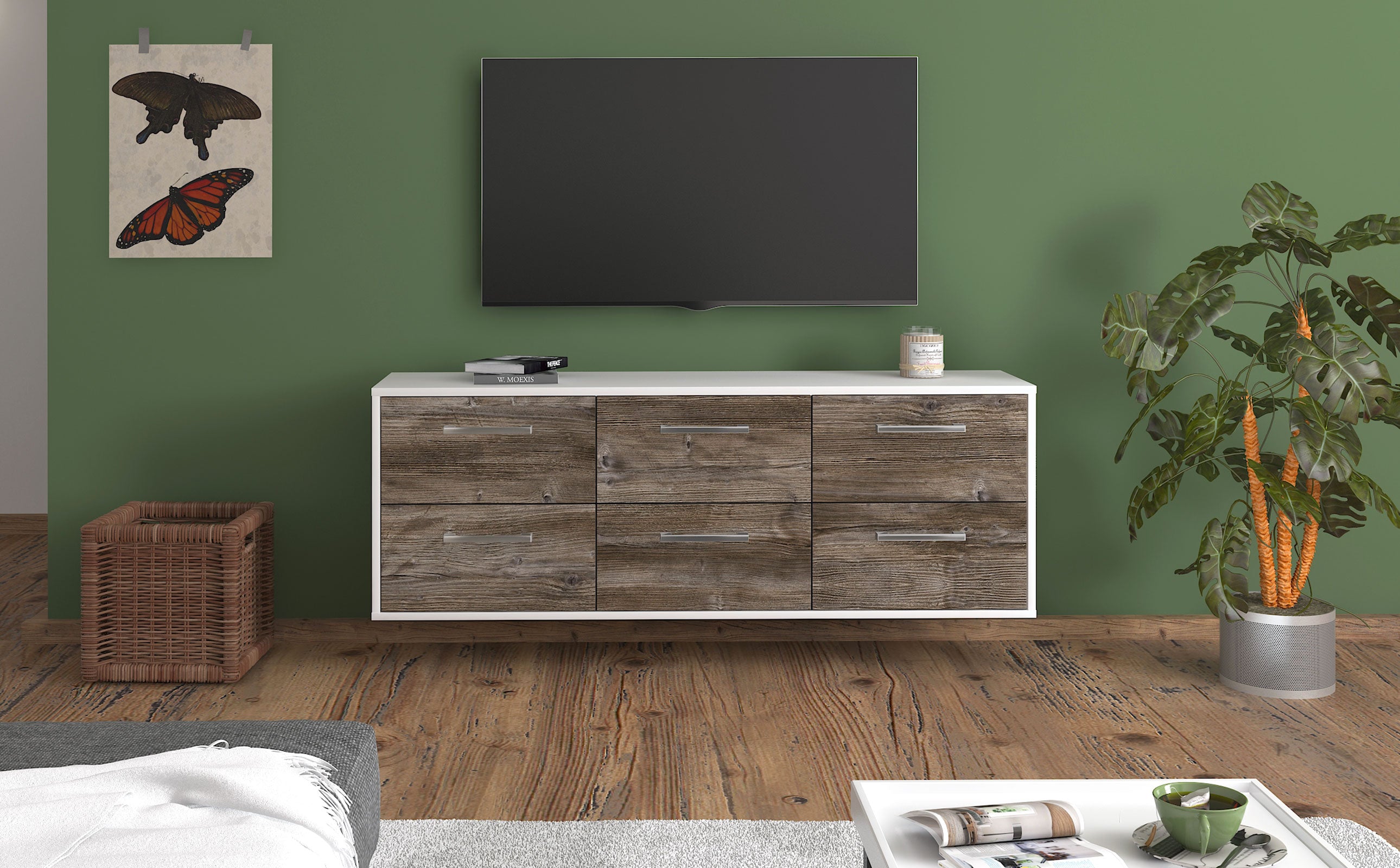 Lowboard - Alva - Design Holzdekor - Wandmontage mit Griffe 136 cm Weiss