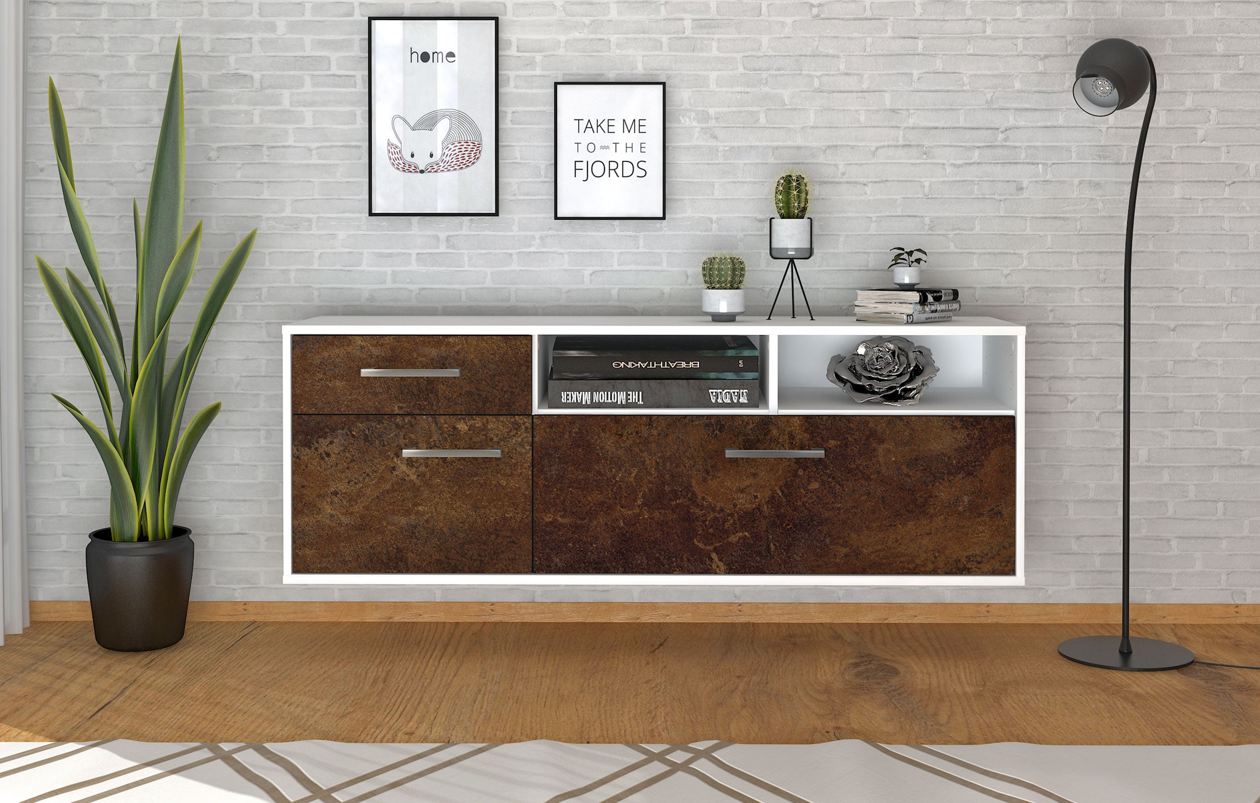 Lowboard - Amisa - Design Industrie Stil - Wandmontage mit Griffe 136 cm Weiss