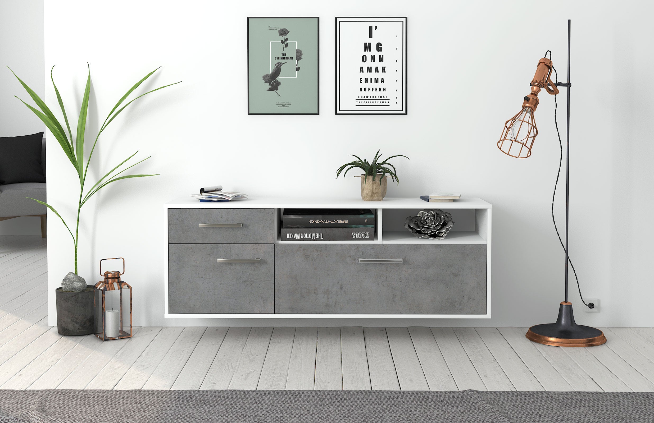 Lowboard - Amisa - Design Industrie Stil - Wandmontage mit Griffe 136 cm Weiss