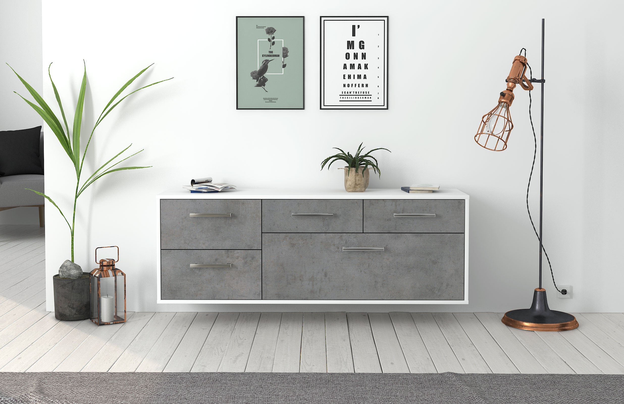Lowboard - Anais - Design Industrie Stil - Wandmontage mit Griffe 136 cm Weiss