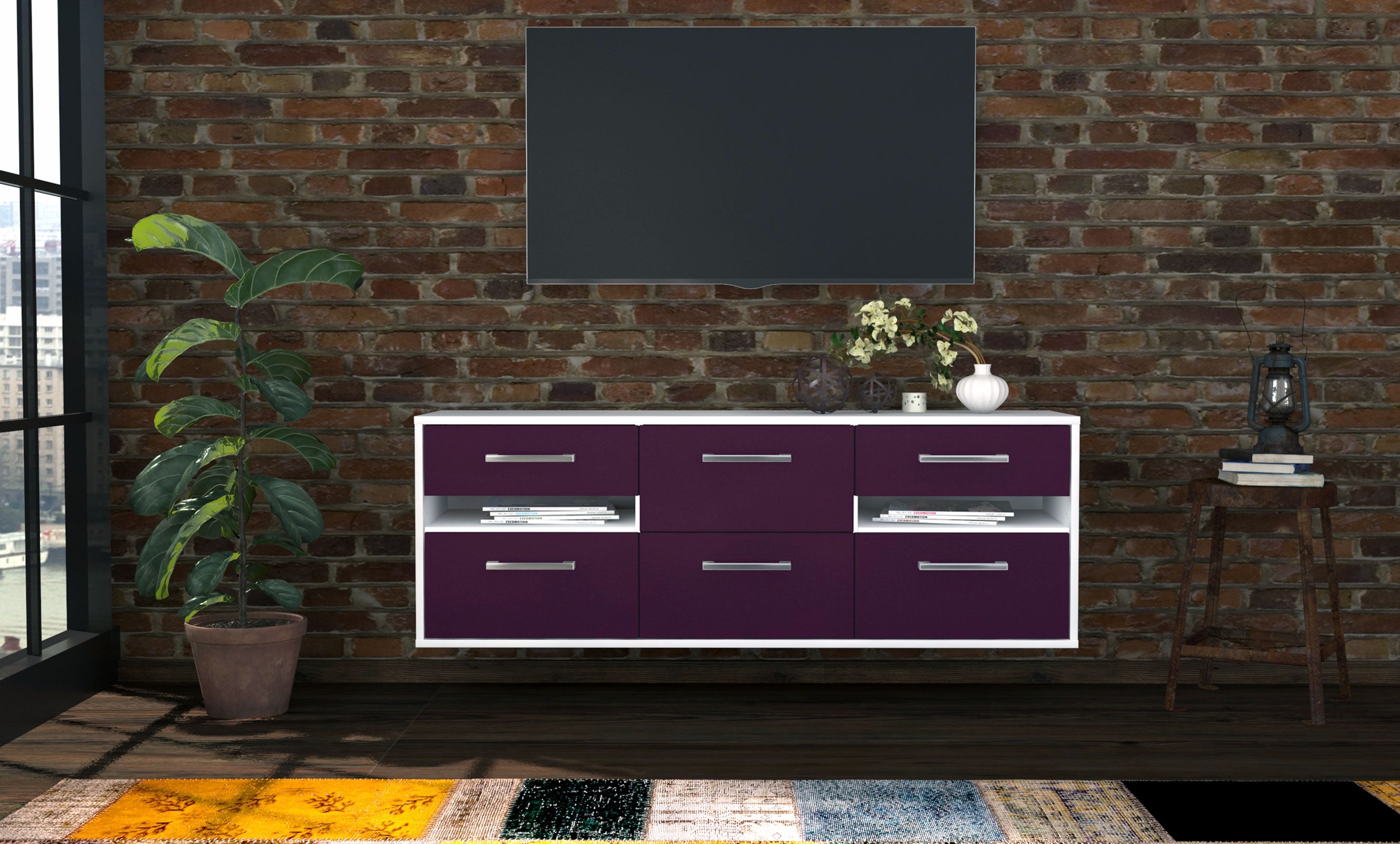 Lowboard - Andrea - Design Farbakzent - Wandmontage mit Griffe 136 cm Weiss