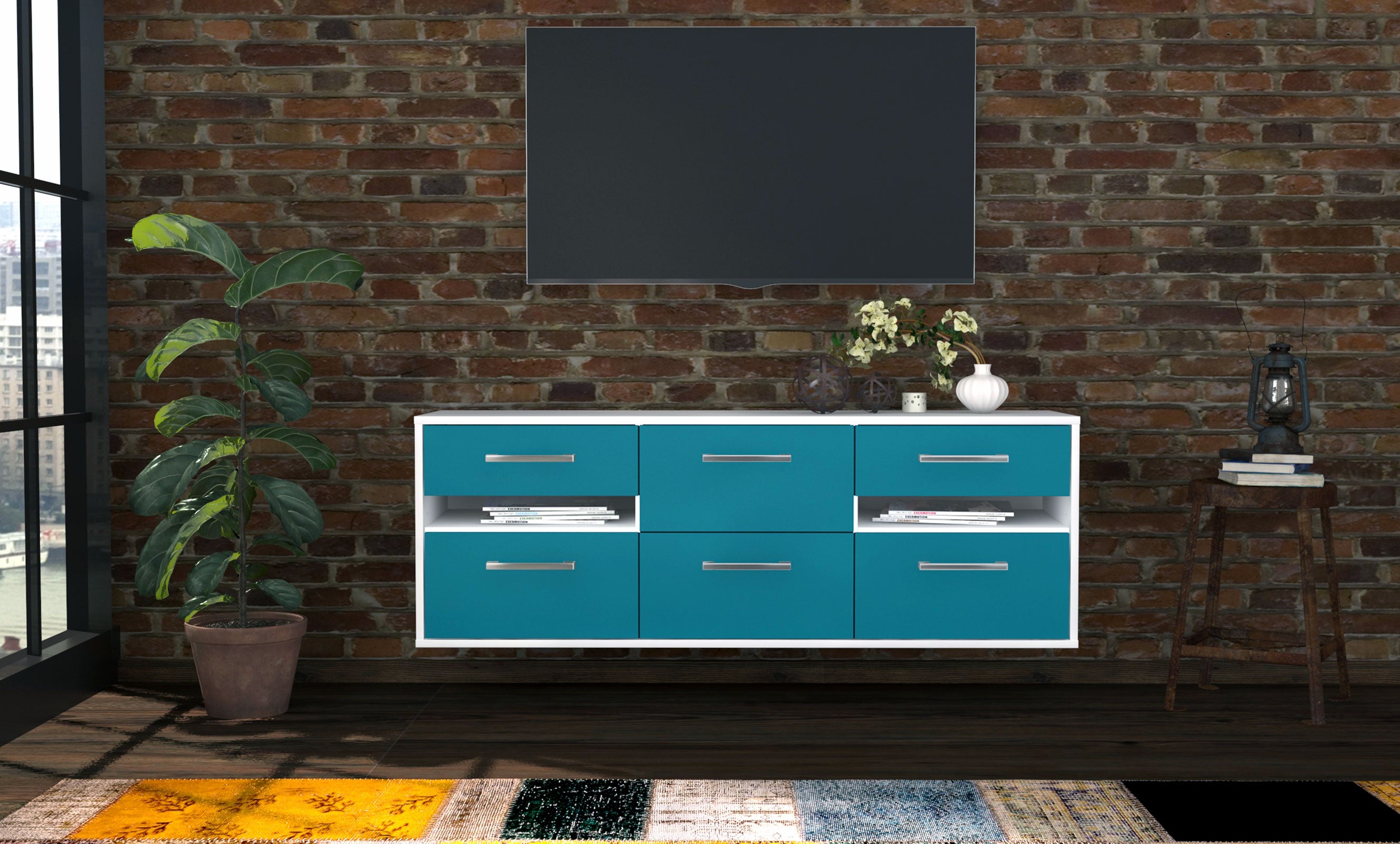 Lowboard - Andrea - Design Farbakzent - Wandmontage mit Griffe 136 cm Weiss