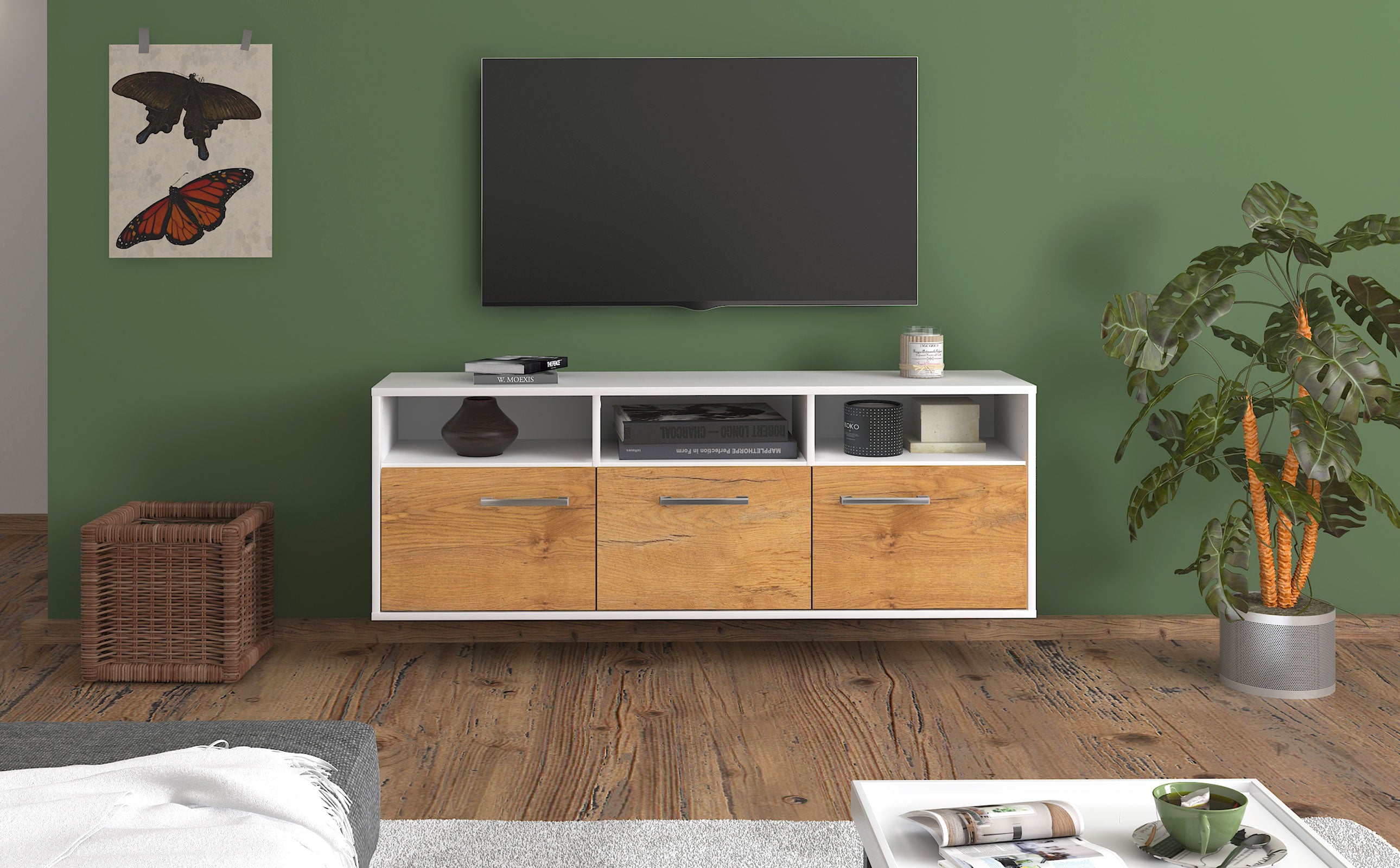 Lowboard - Andrina - Design Holzdekor - Wandmontage mit Griffe 136 cm Weiss