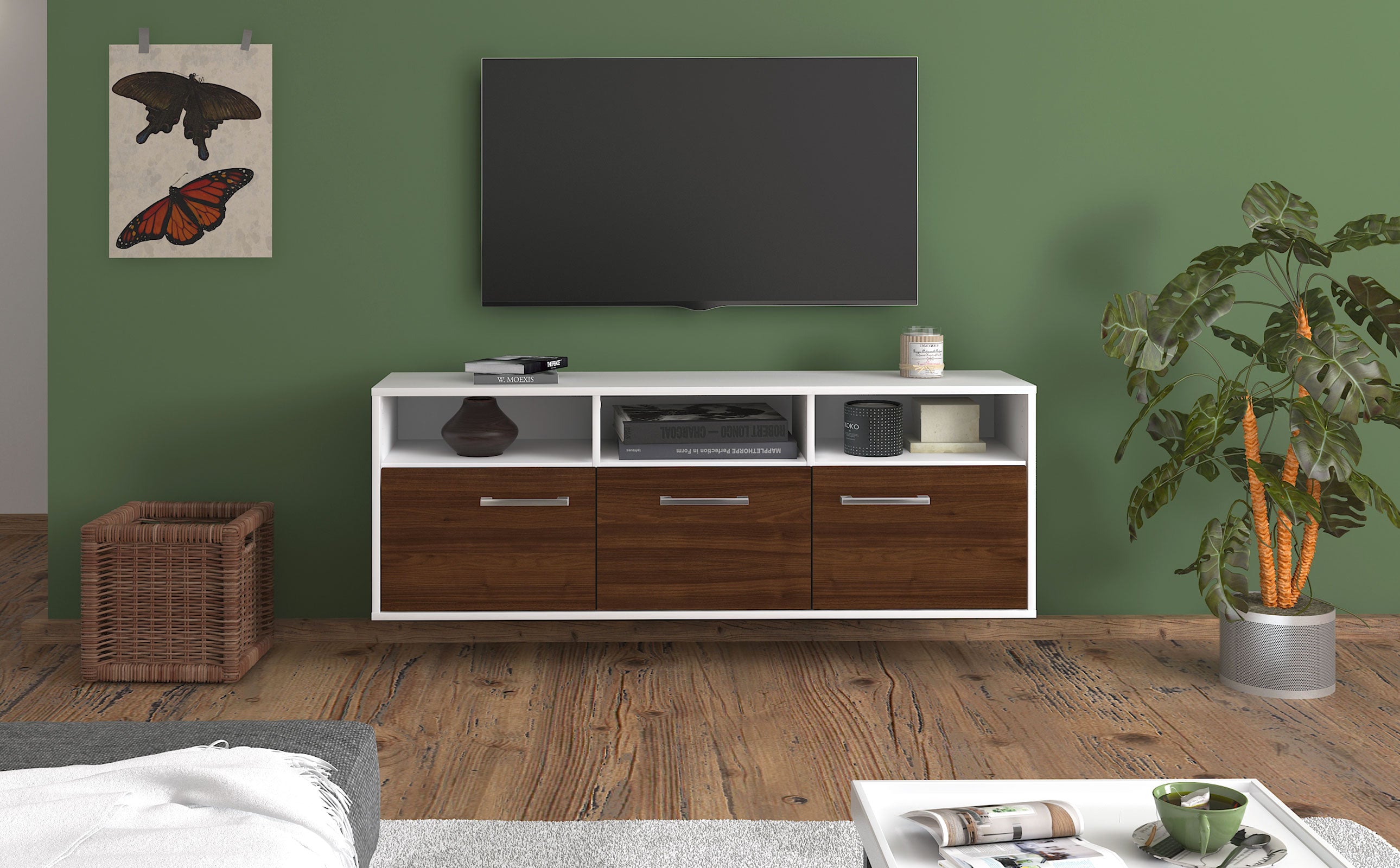 Lowboard - Andrina - Design Holzdekor - Wandmontage mit Griffe 136 cm Weiss