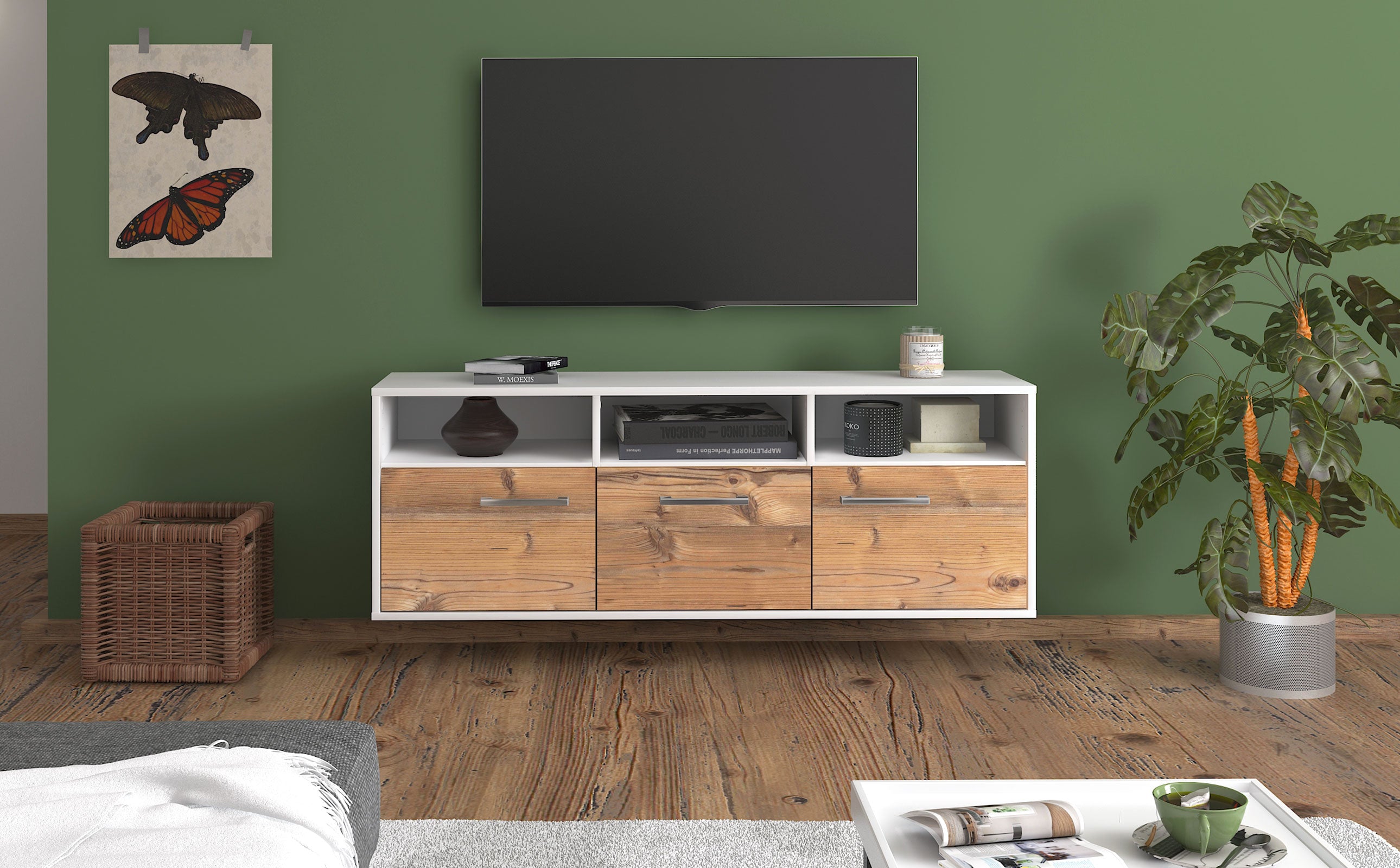 Lowboard - Andrina - Design Holzdekor - Wandmontage mit Griffe 136 cm Weiss