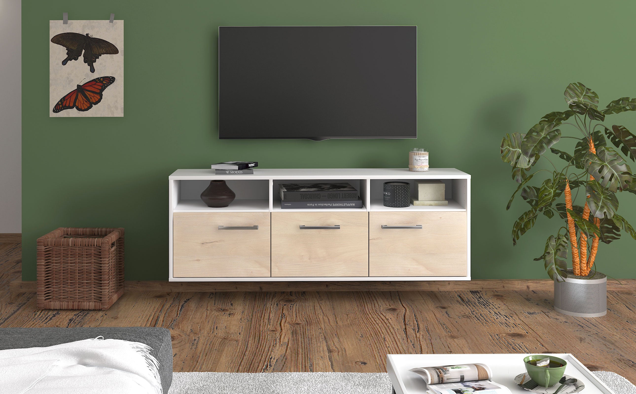 Lowboard - Andrina - Design Holzdekor - Wandmontage mit Griffe 136 cm Weiss