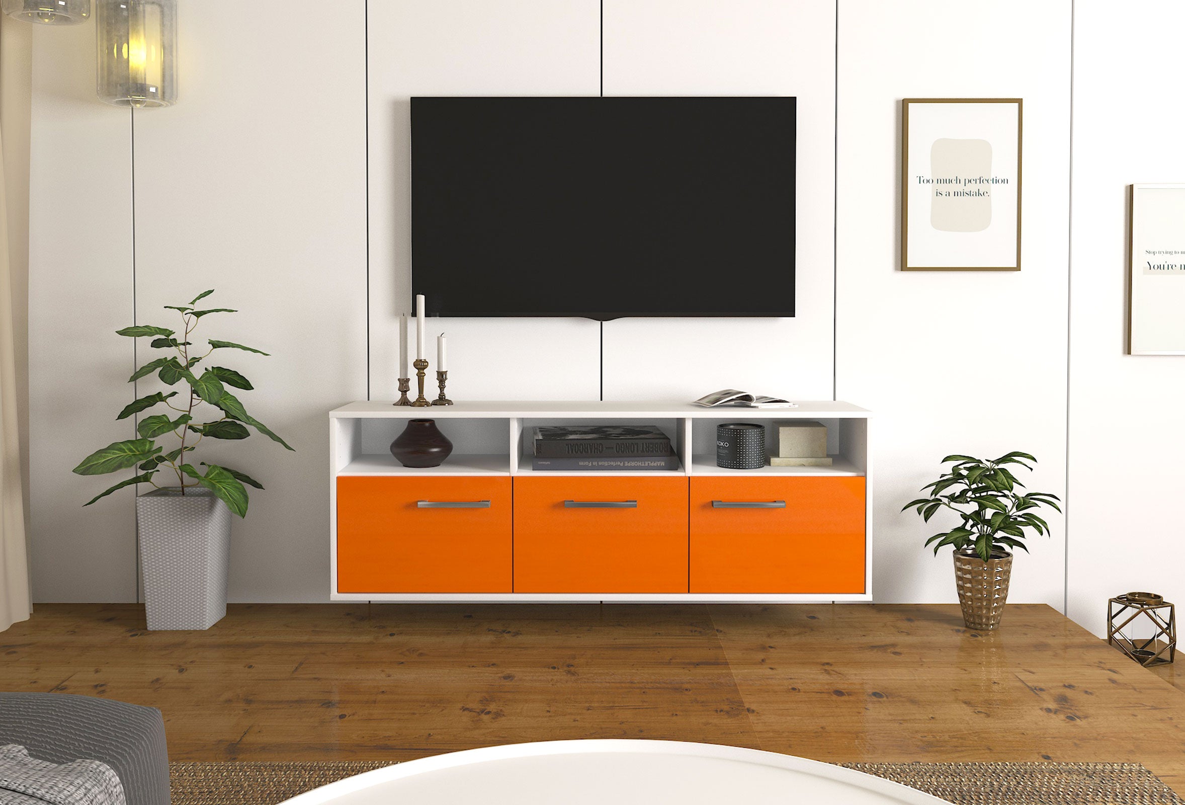 Lowboard - Andrina - Design Hochglanz - Wandmontage mit Griffe 136 cm Weiss