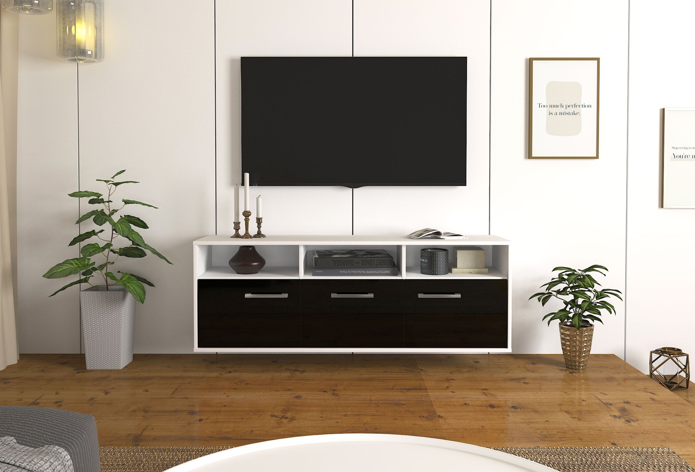 Lowboard - Andrina - Design Hochglanz - Wandmontage mit Griffe 136 cm Weiss
