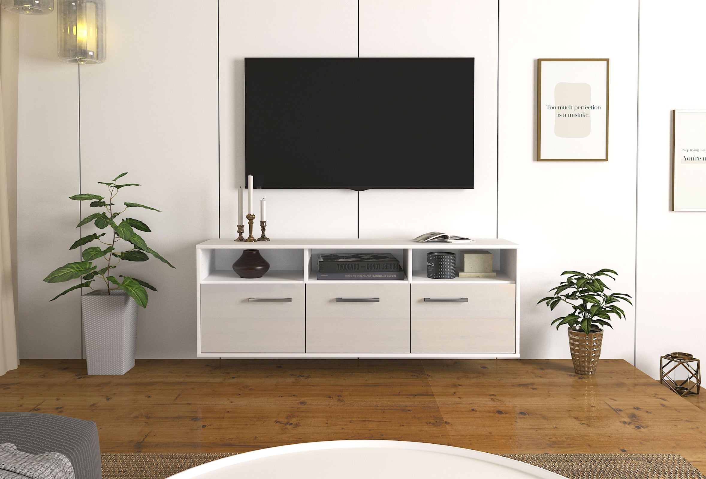 Lowboard - Andrina - Design Hochglanz - Wandmontage mit Griffe 136 cm Weiss